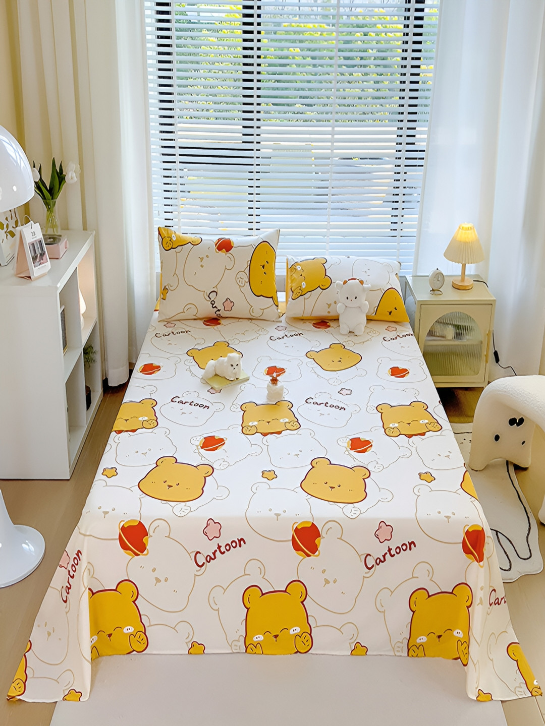 JC HOME White Cartoon Characters Cotton 210 TC King Fine Bedsheet with 2 Pillow Covers-91 x 96 inches