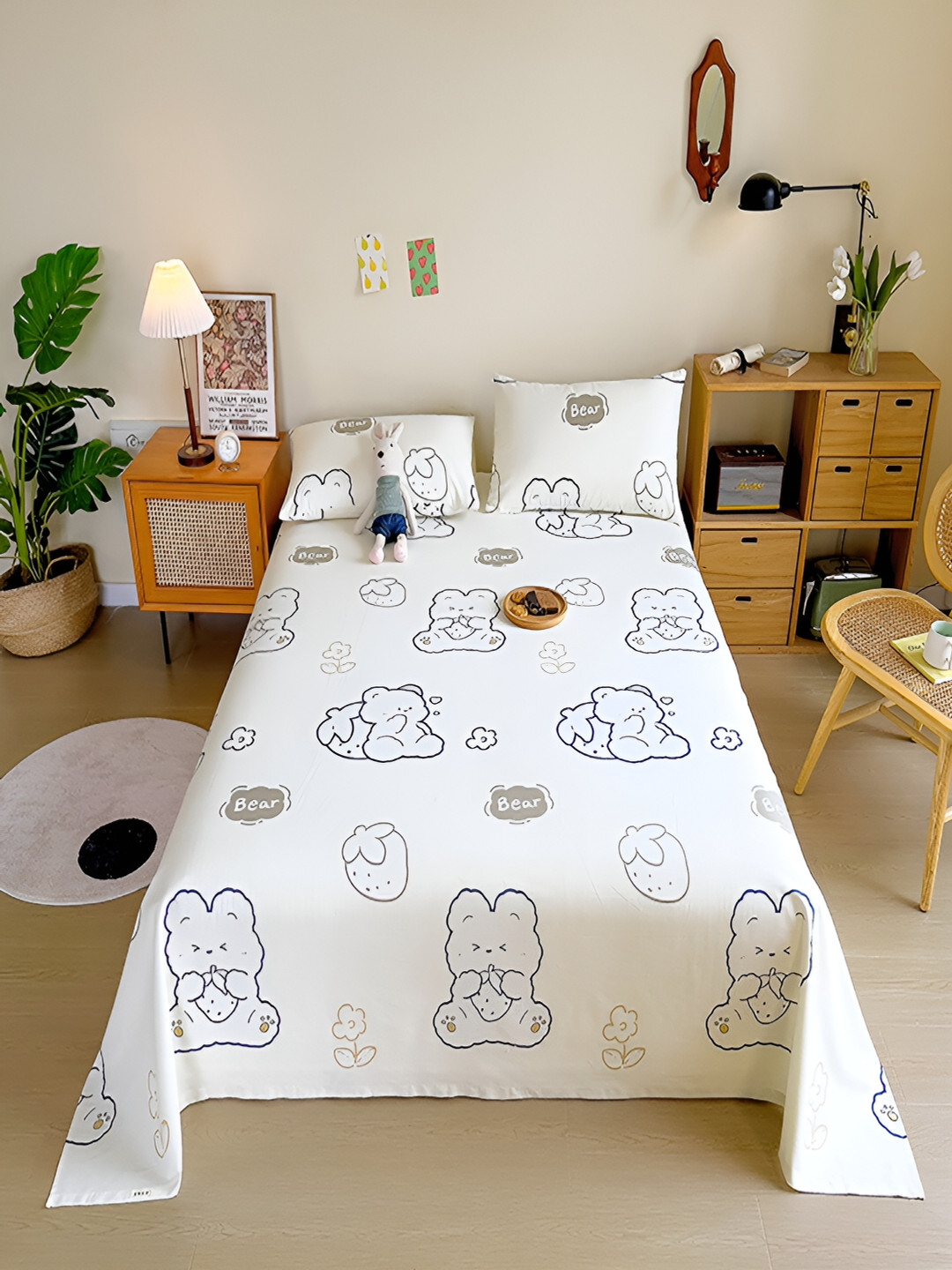 JC HOME Morrison Bloom Beige Conversational Pure Cotton 200 TC Queen Fine Bedsheet with 2 Pillow Covers-200 x 245 cm