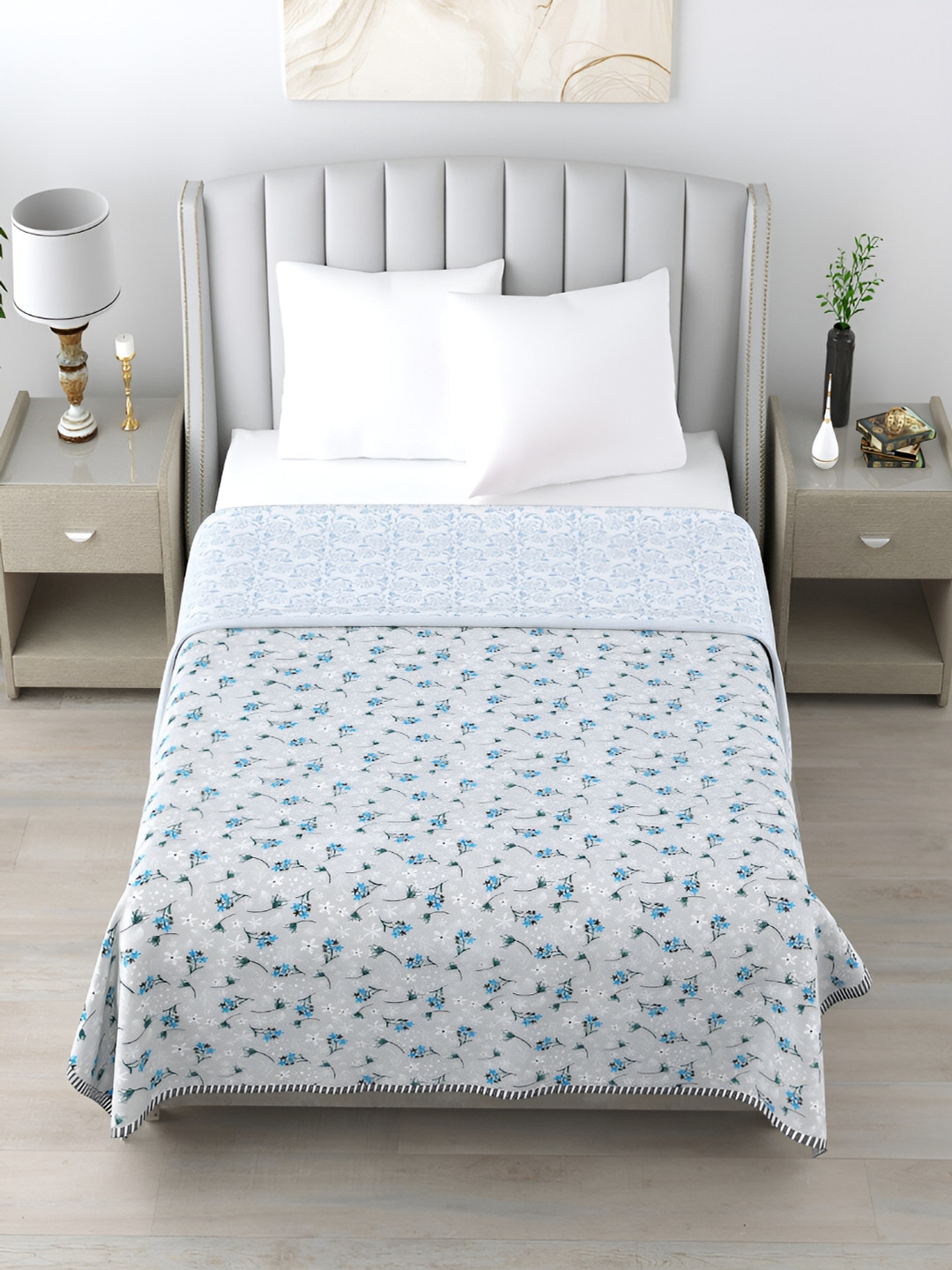 CHICERY Blue & Black Floral Cotton AC Room 210 GSM Single Bed Dohar