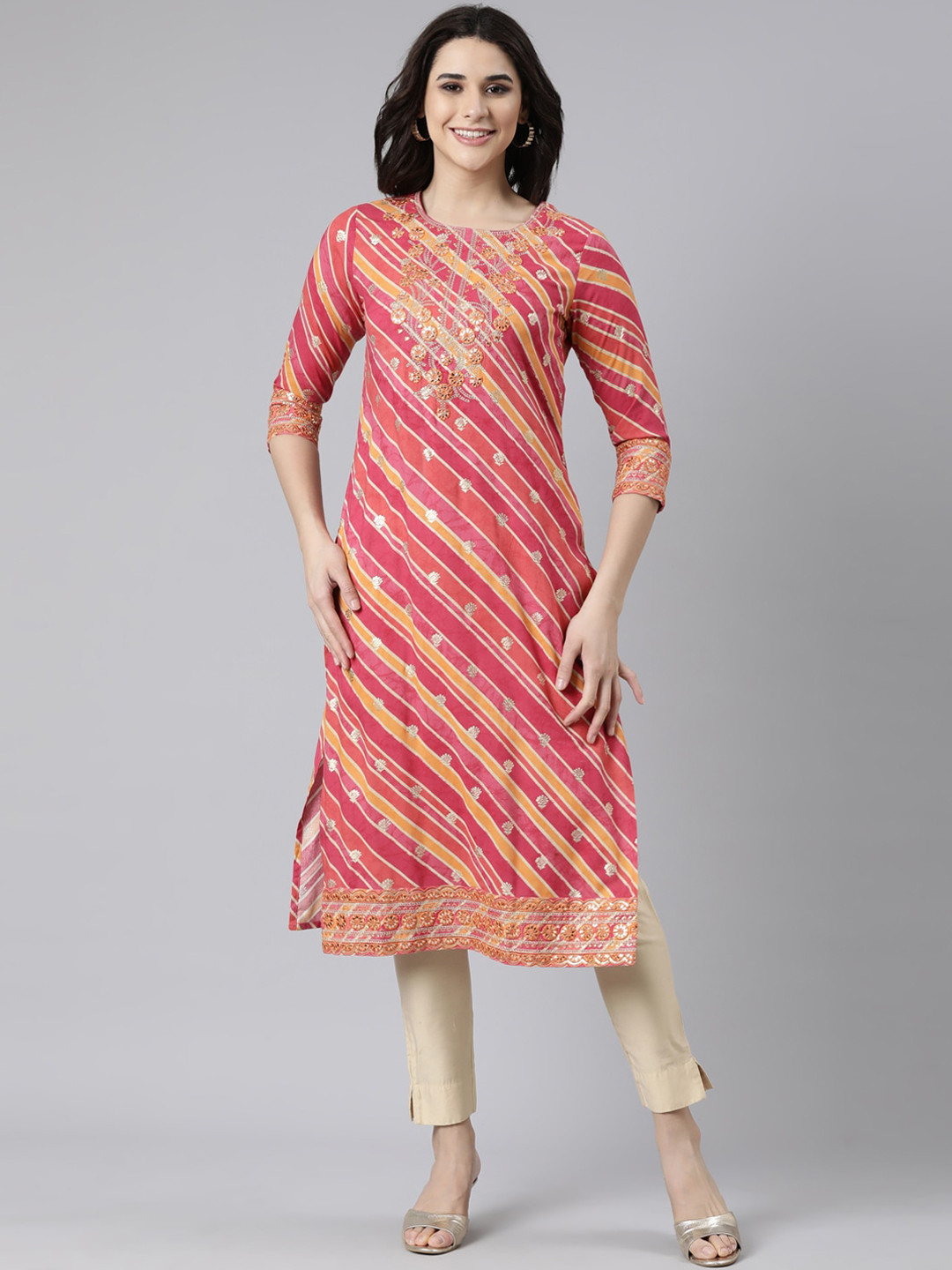 Neerus Striped Thread Work Modal Kurta