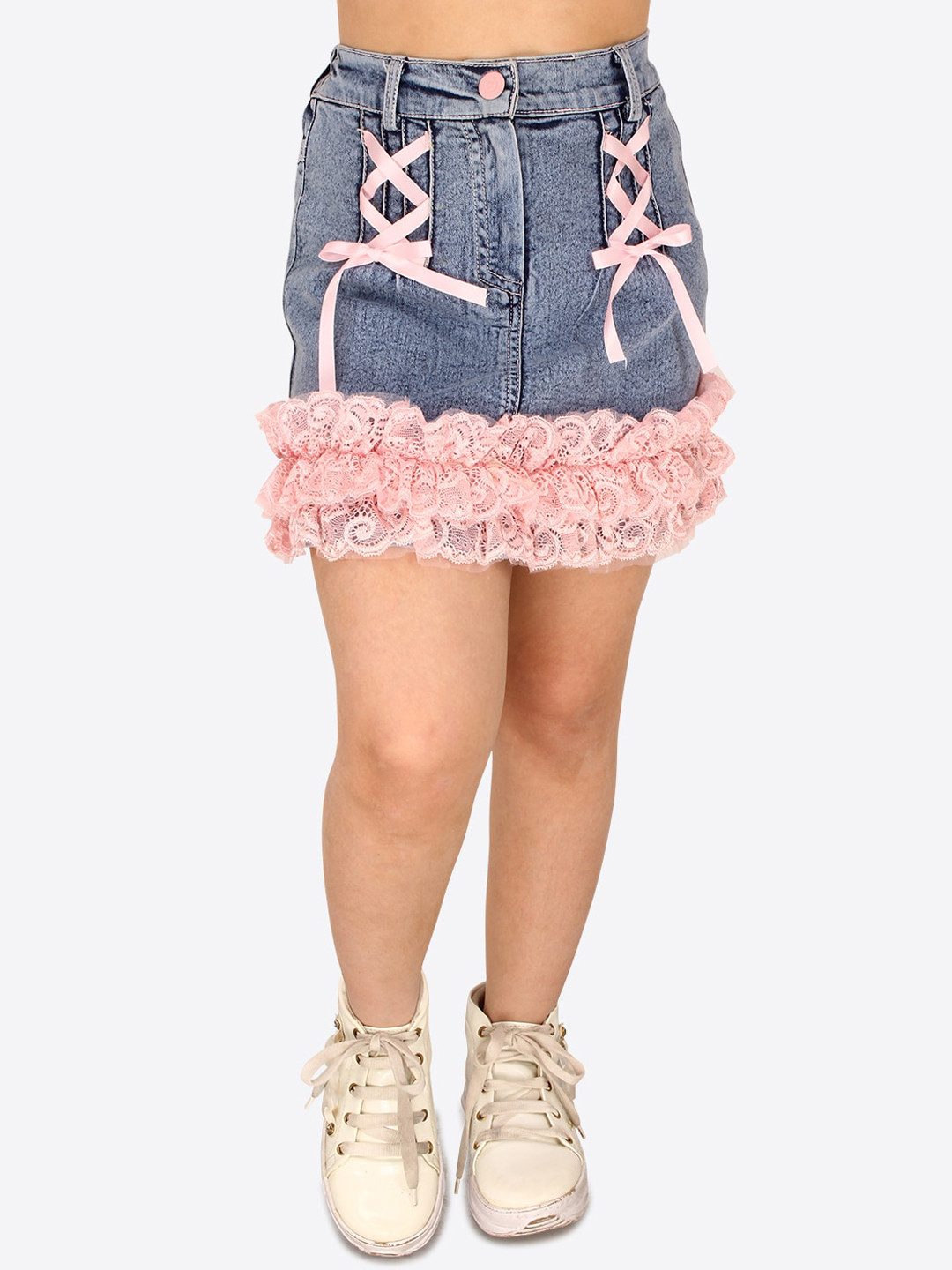 CUTECUMBER Girls Lace Inserts Detailed Denim A-line Skirt