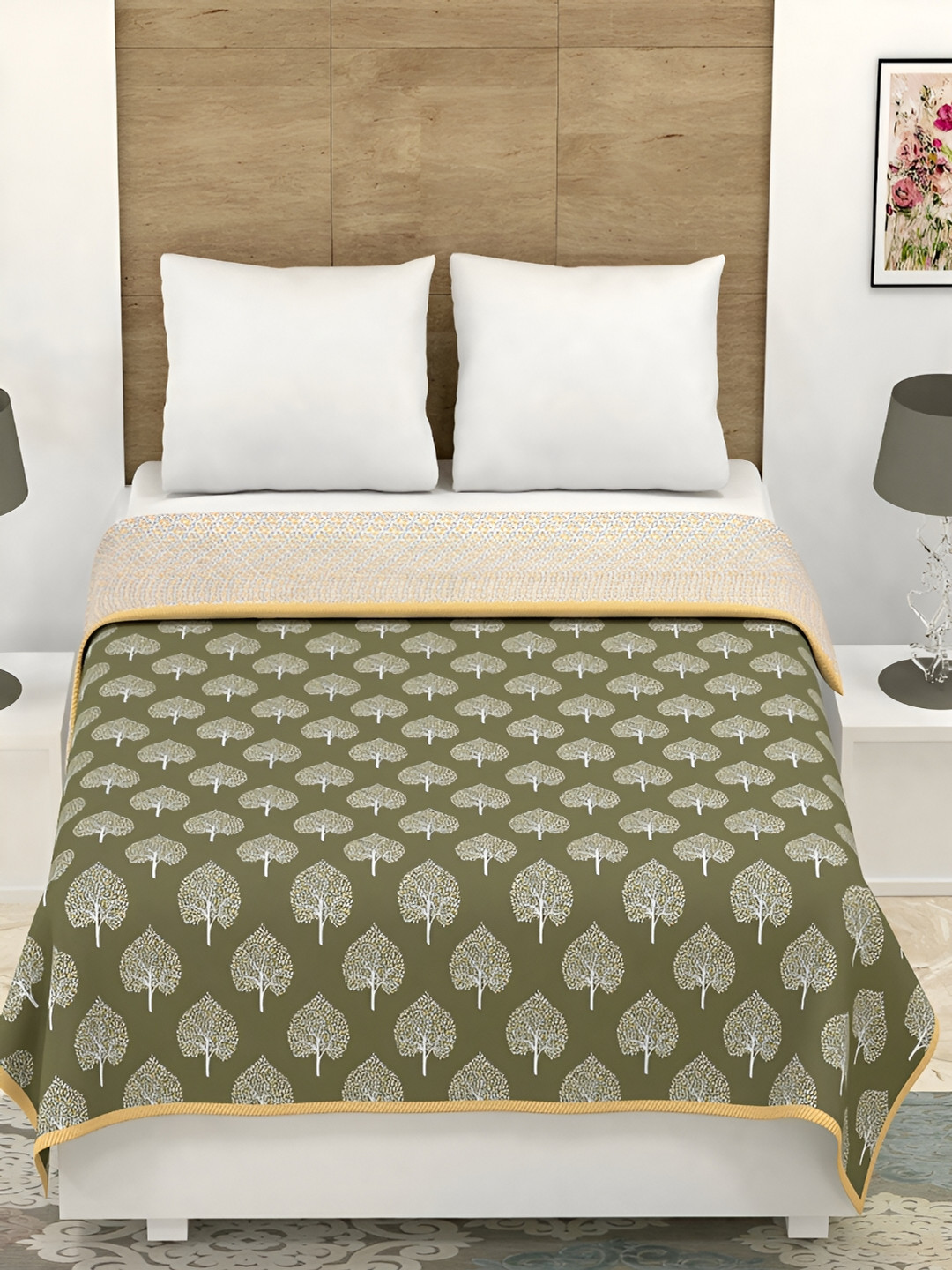 CHICERY Fluorescent Green & White Floral Cotton AC Room 210 GSM Single Bed Dohar