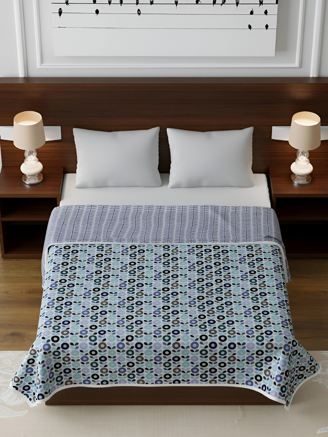 CHICERY Turquoise Blue & Black Floral AC Room Cotton 210 GSM Single Bed Dohar