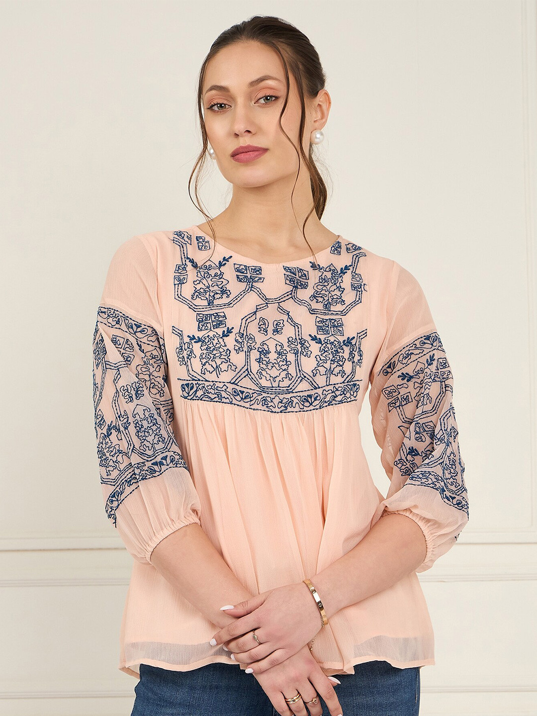 Antheaa Geometric Embroidered Puff Sleeve Chiffon A-Line Top