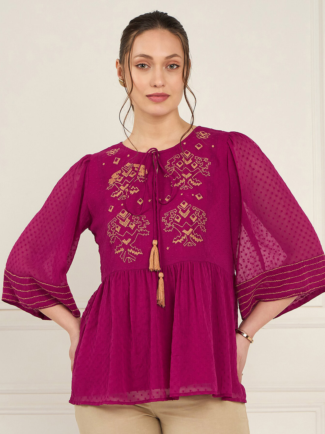 Antheaa Geometric Tie-Up Neck Embroidered Bell Sleeve Chiffon Top