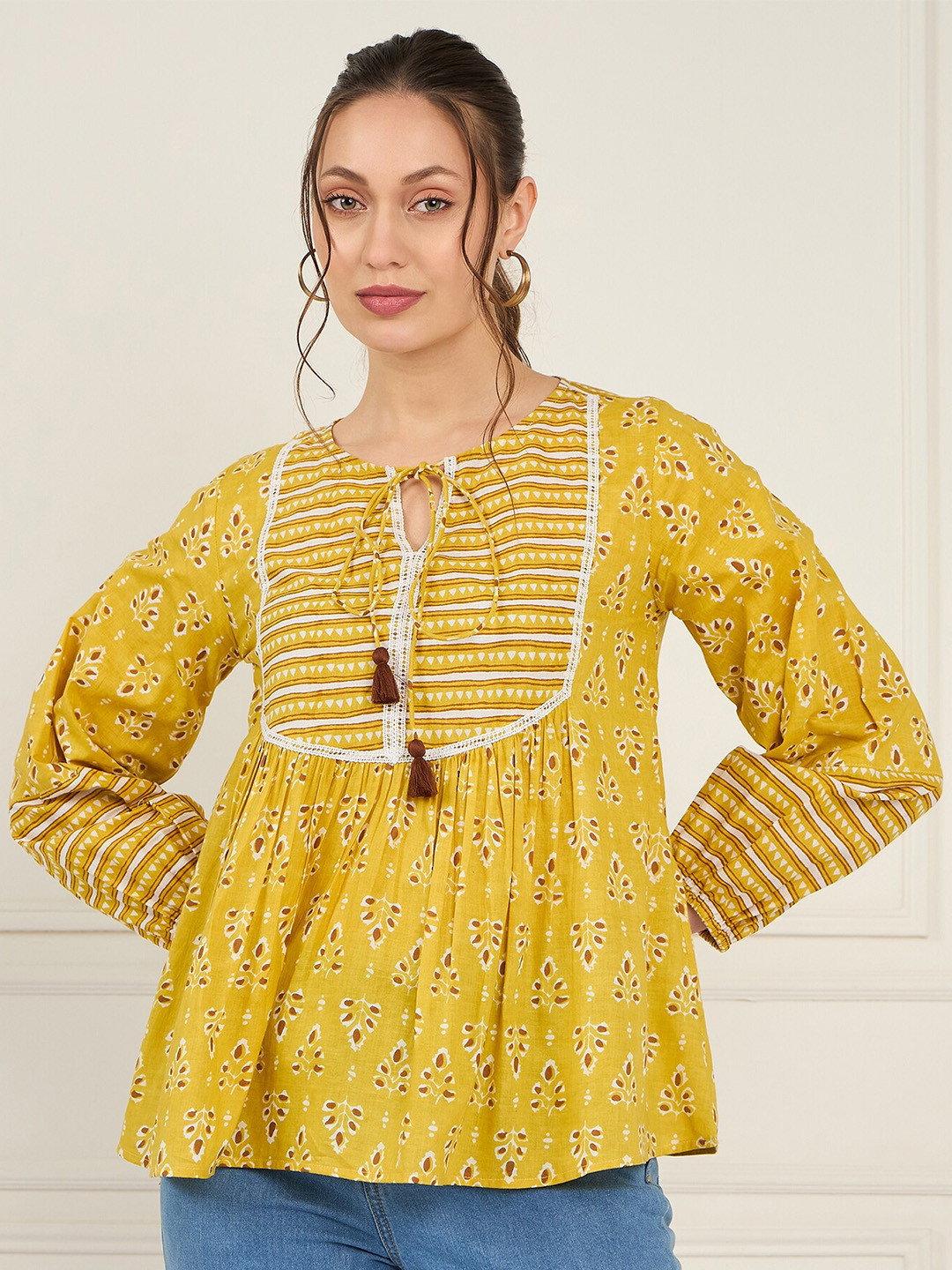 Antheaa Print Tie-Up Neck Puff Sleeve Pure Cotton Top