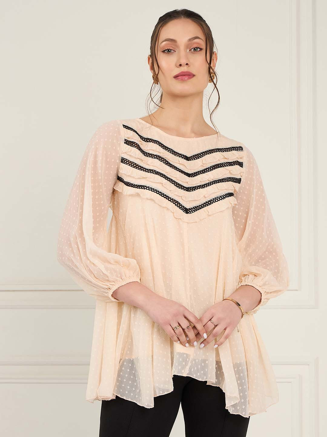 Antheaa Peach-Coloured Self Design Cuffed Sleeves Lace Inserts Chiffon A-Line Top