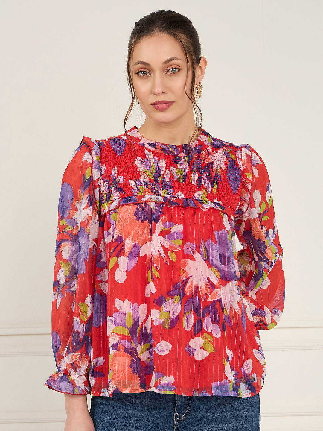 Antheaa Floral Printed Smoked Chiffon Top
