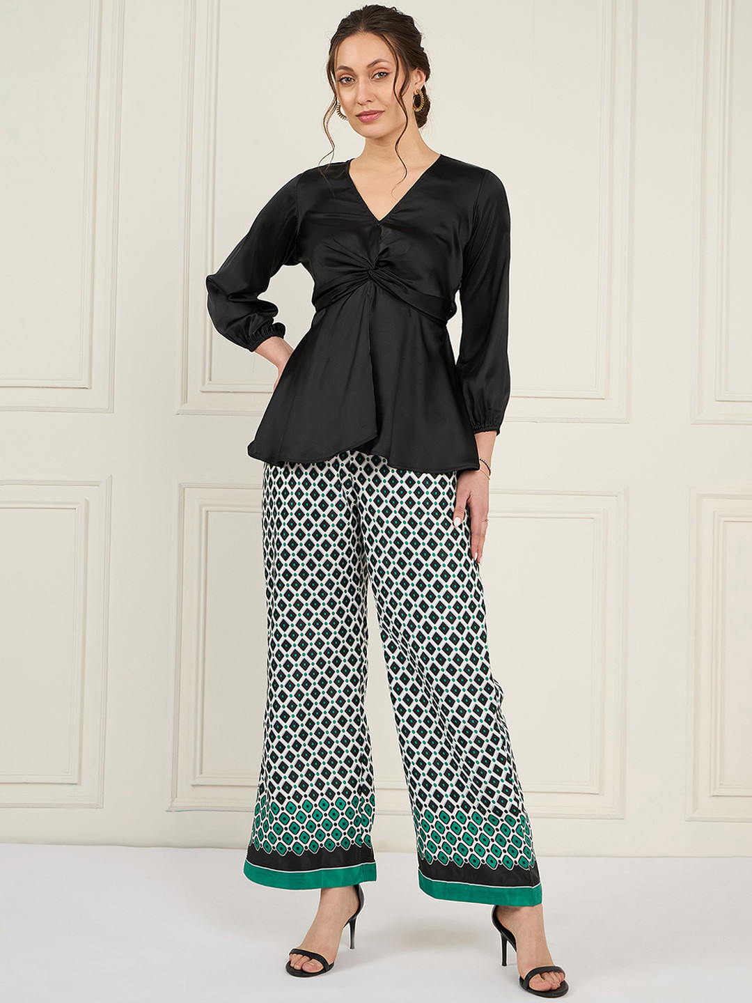 Antheaa Black V-Neck Puff Sleeves Satin Top With Printed Palazzos