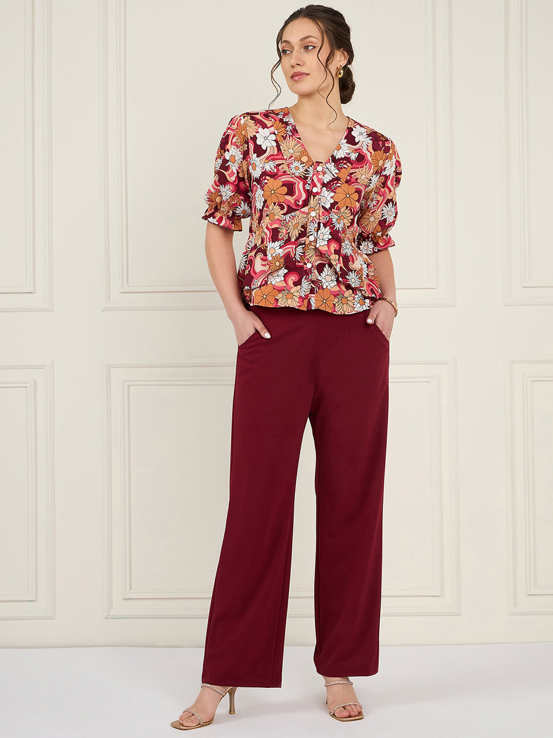 Antheaa Maroon Floral Printed V-Neck Shirt With Trouser