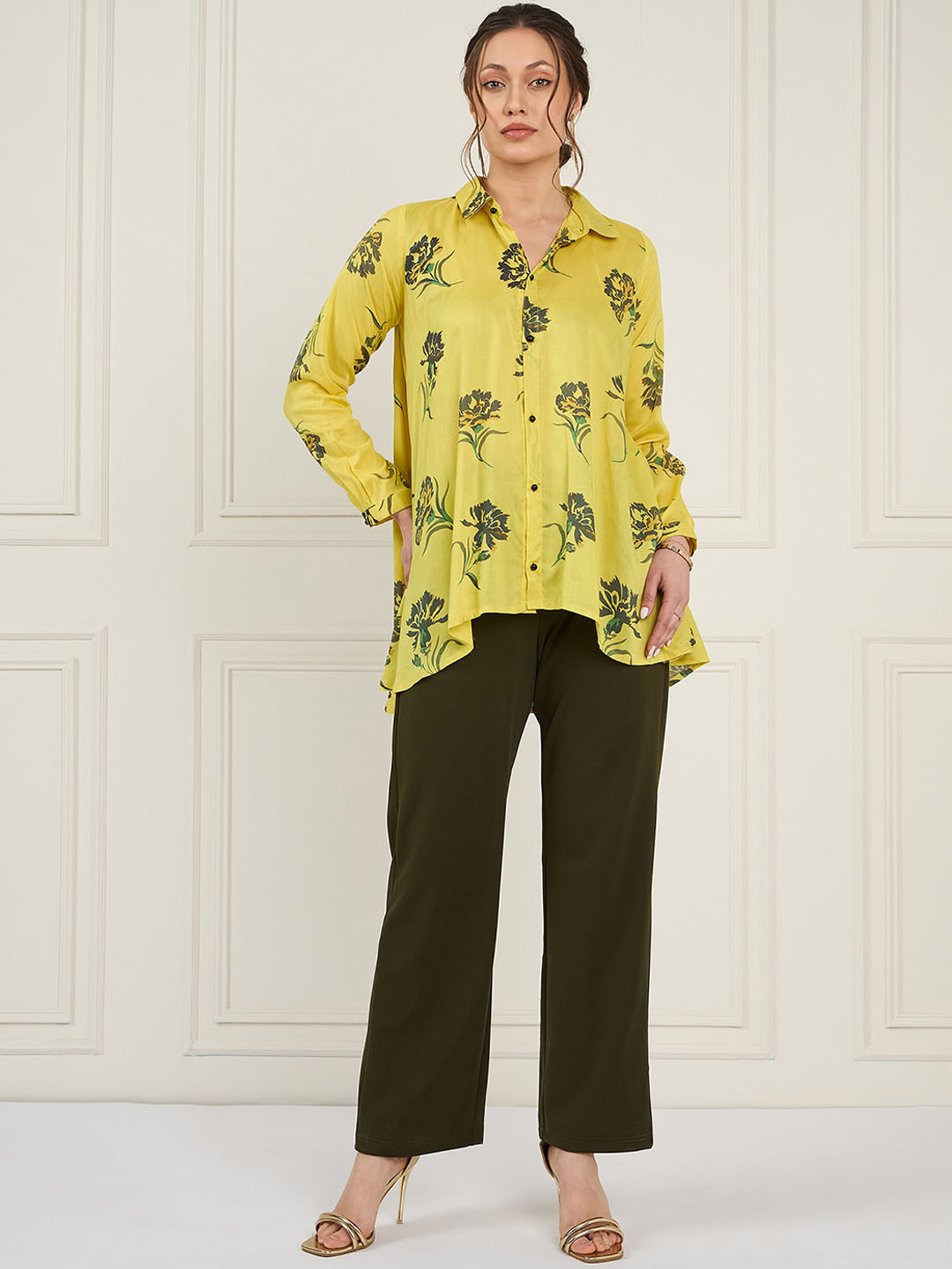 Antheaa Yellow Floral Printed Long Sleeves Shirt & Trouser