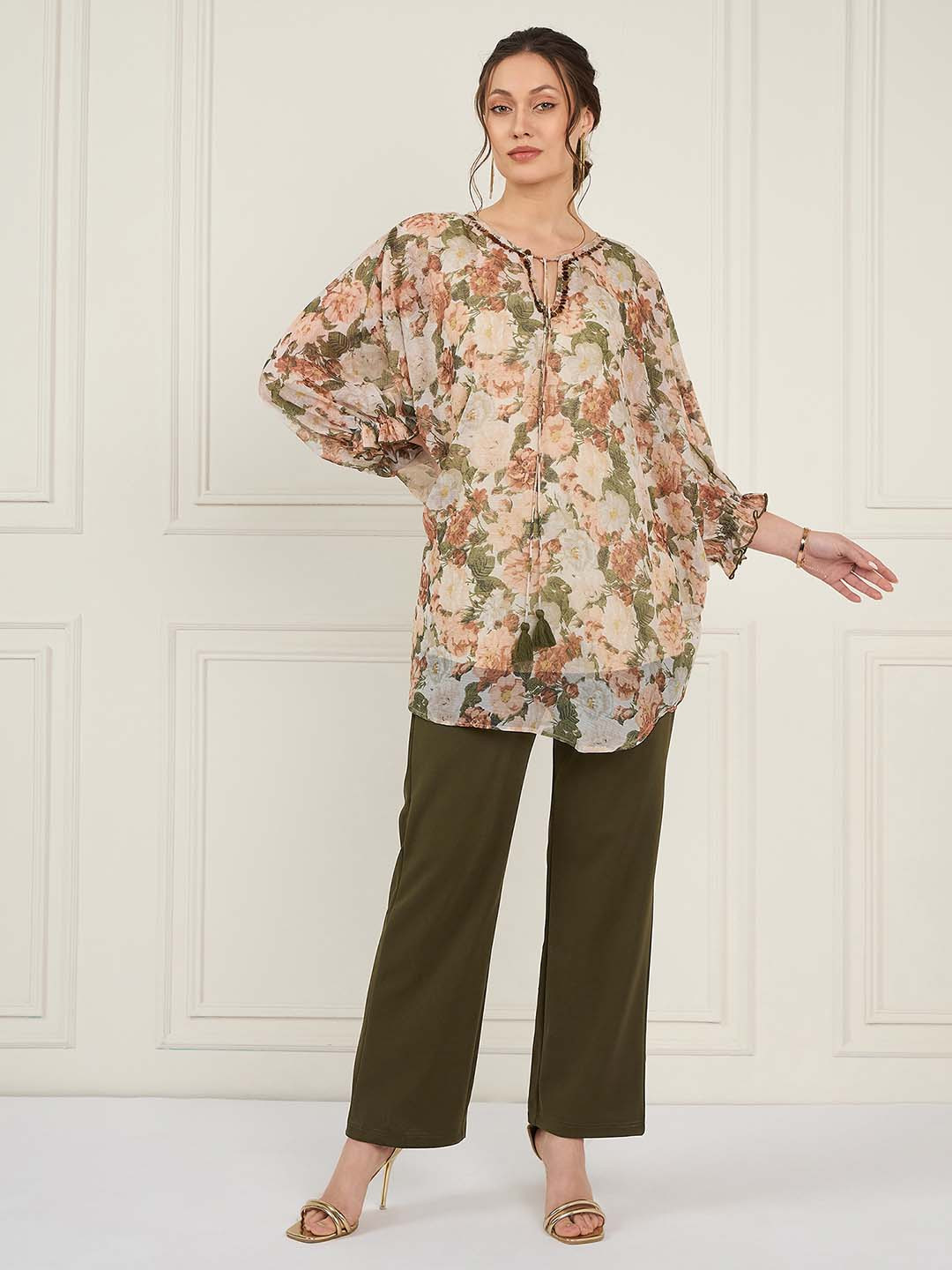 Antheaa Off White Floral Printed Tie Up Puff Sleeves Sequined Tunic With Trouser