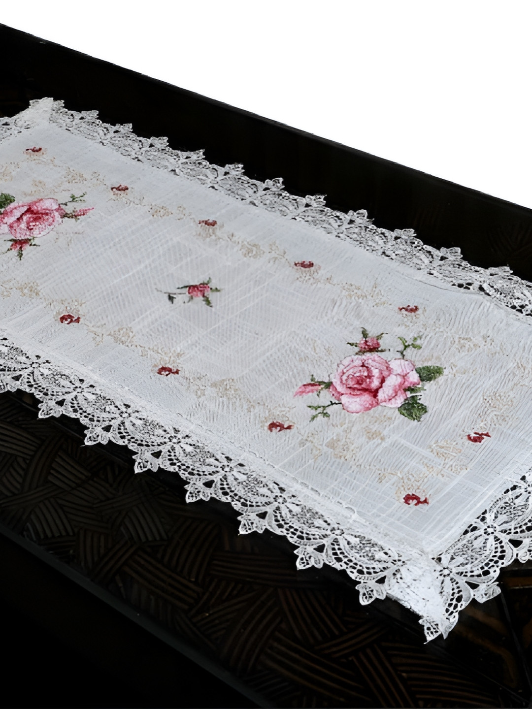 MONKDECOR White Floral-Embroidered Table Runner