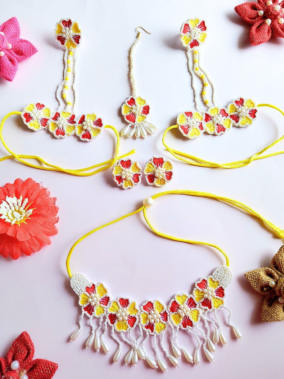 Sangria Gold-Plated Pearl-Beaded Floral Shaped Jewellery Set