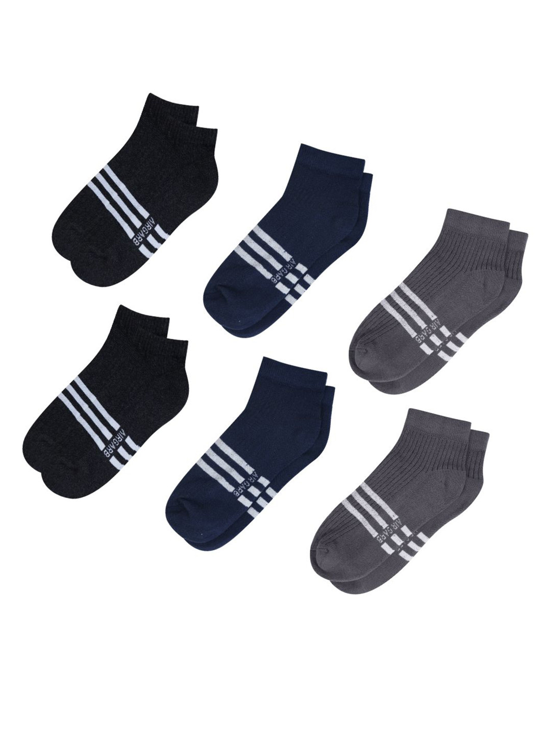 AIR GARB Pack of 6  Blue and Melange and  Ash Low Ankle Socks with Striped Pattern