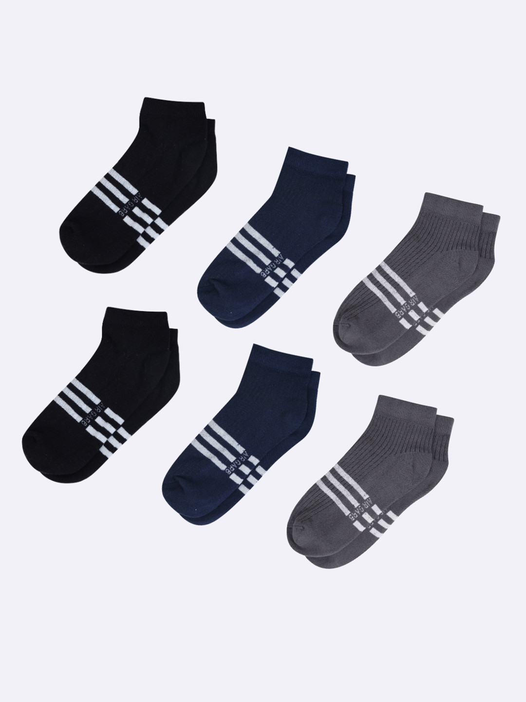 AIR GARB Pack of 6  Black and Blue and  Ash Low Ankle Socks with Striped Pattern