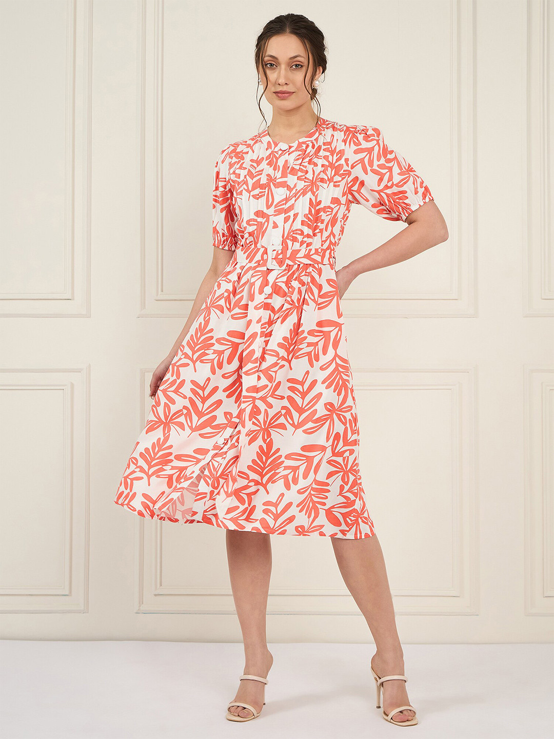 Antheaa Floral Printed Pintucked Puff Sleeves Cotton A-Line Dress