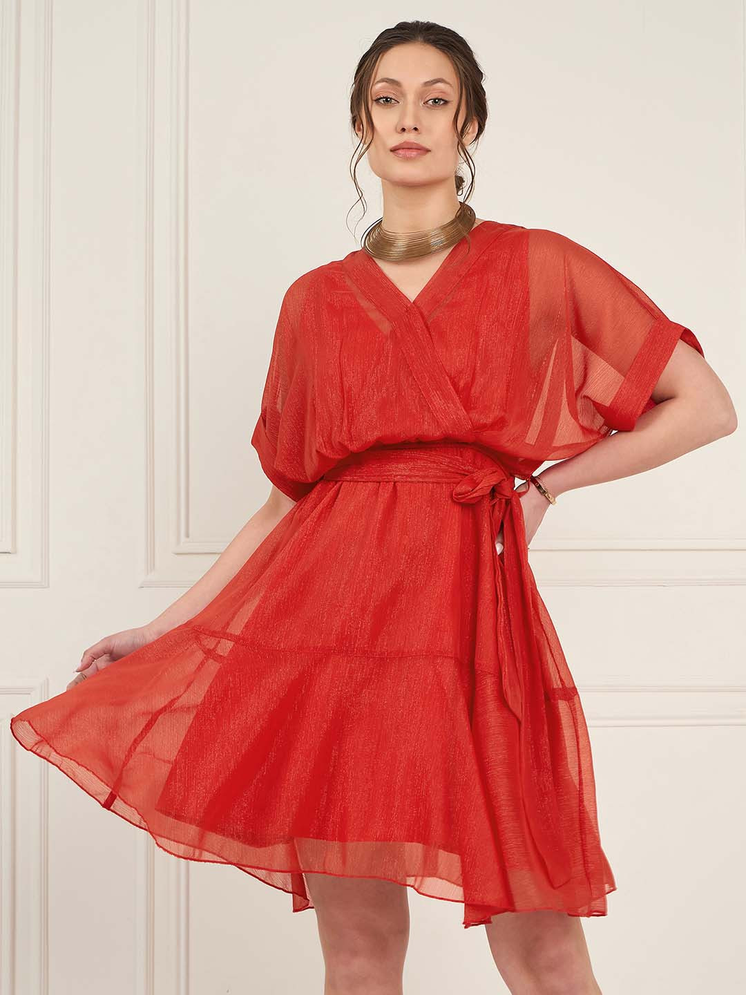 Antheaa V-Neck Kimono Sleeve Layered Chiffon Wrap Dress