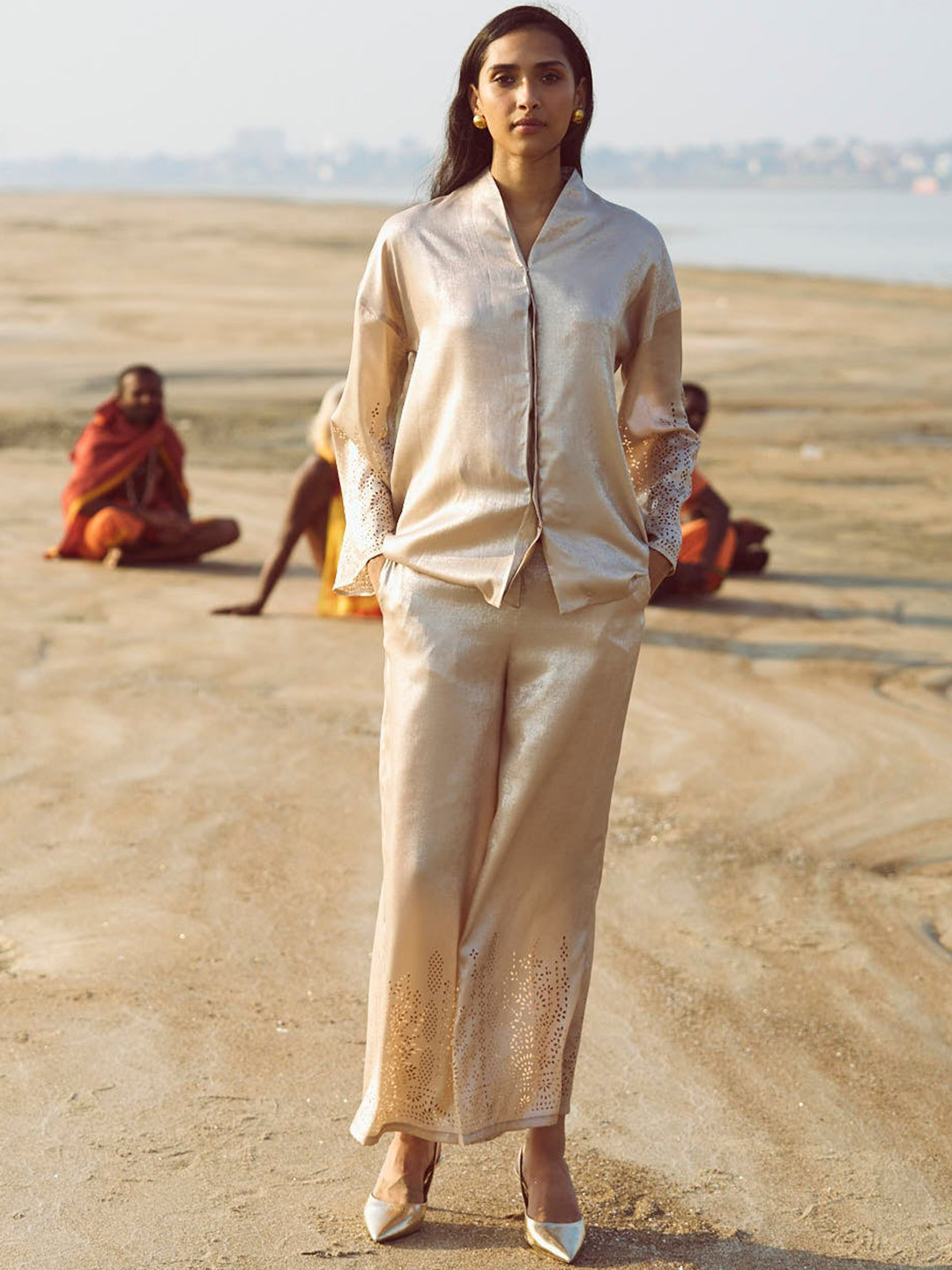 Dash and Dot Cutwork V-Neck Shirt & Trouser