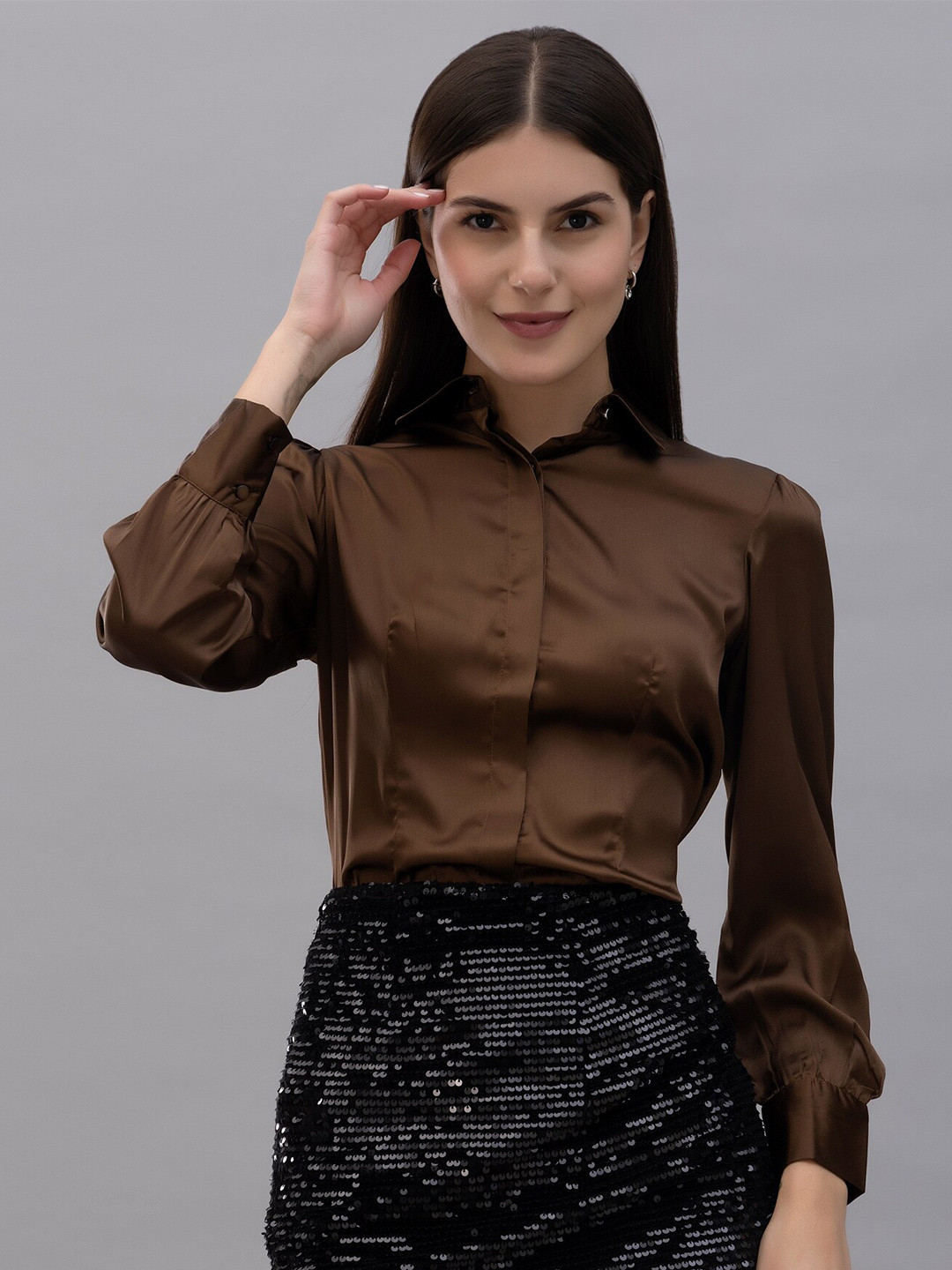 PURYS Smart Spread Collar Satin Casual Shirt