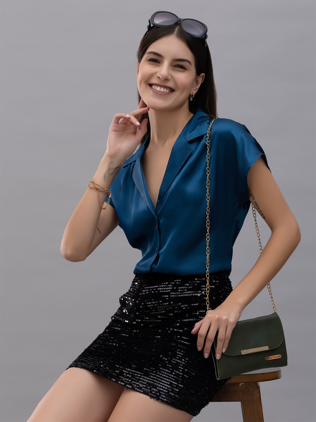 PURYS Smart Cuban Collar Extended Sleeves Satin Casual Shirt - Shirts for Women 28245676 | Myntra