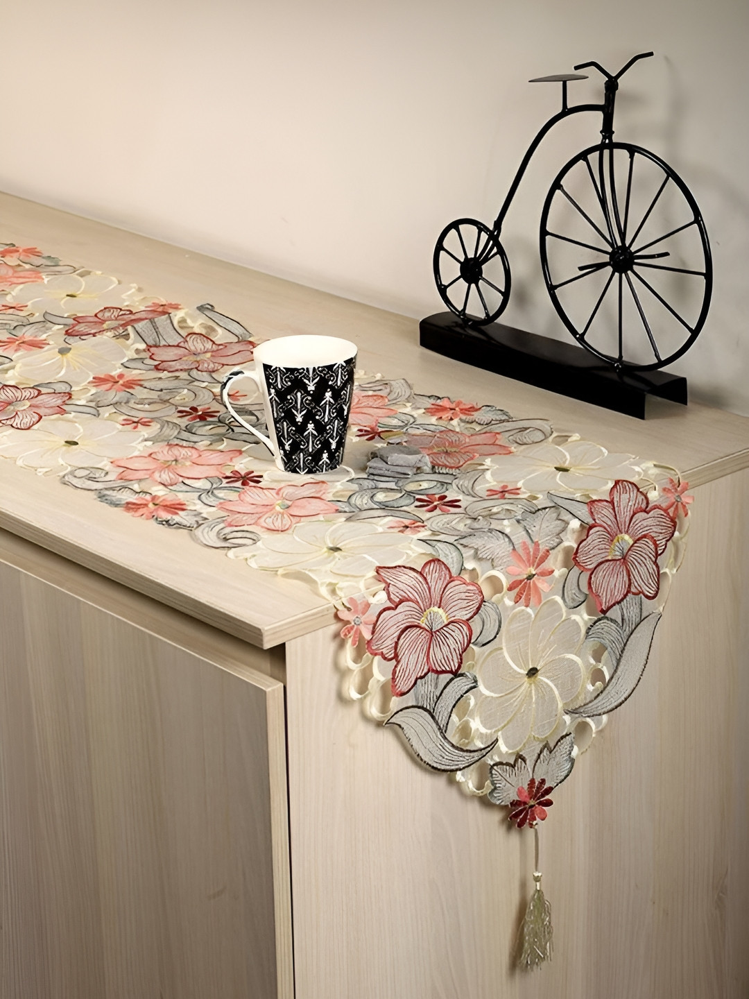 MONKDECOR Maroon & Grey Cut-Work Design Table Runner