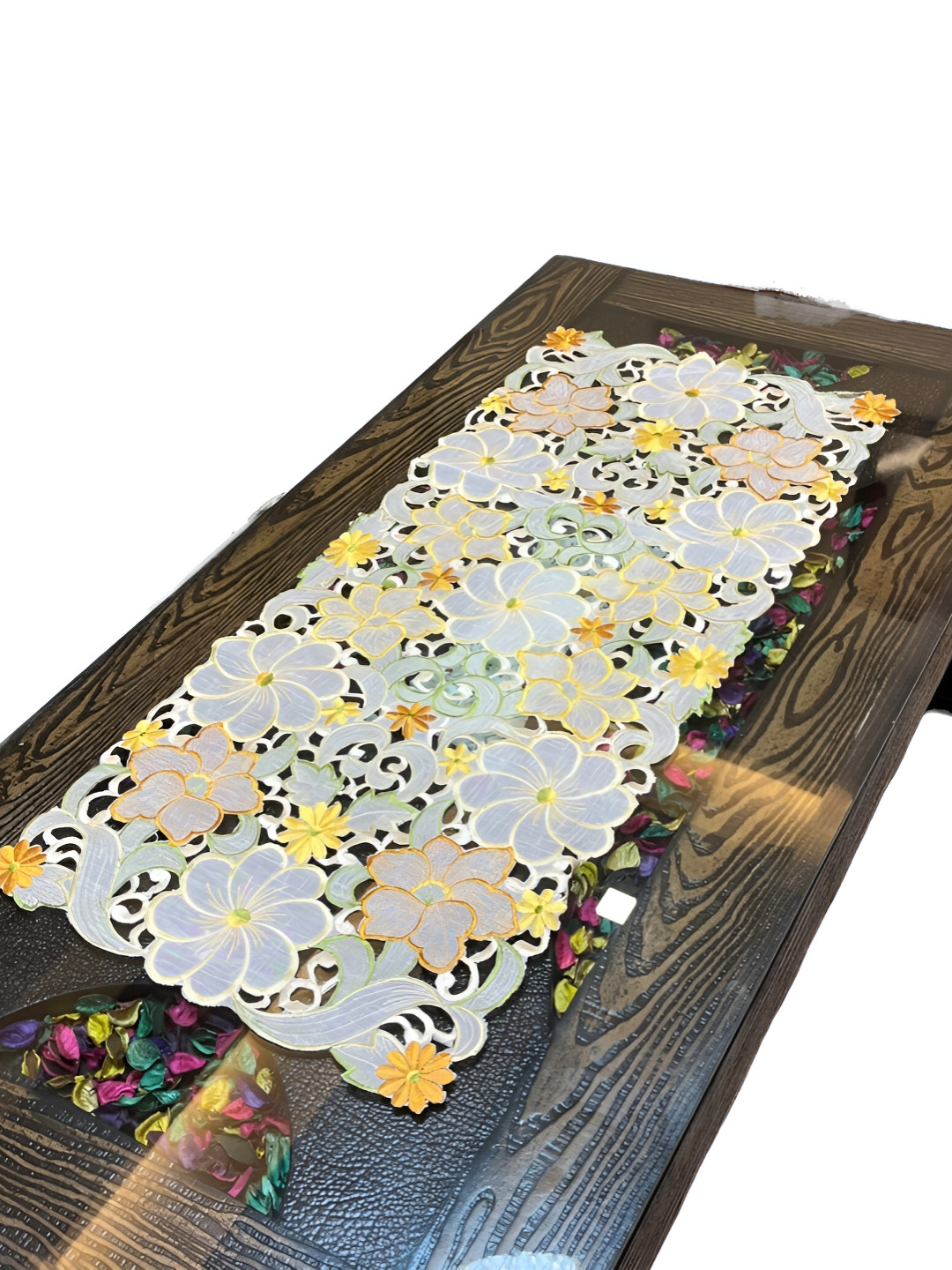 MONKDECOR Yellow Cutwork Embroidered Table Runner