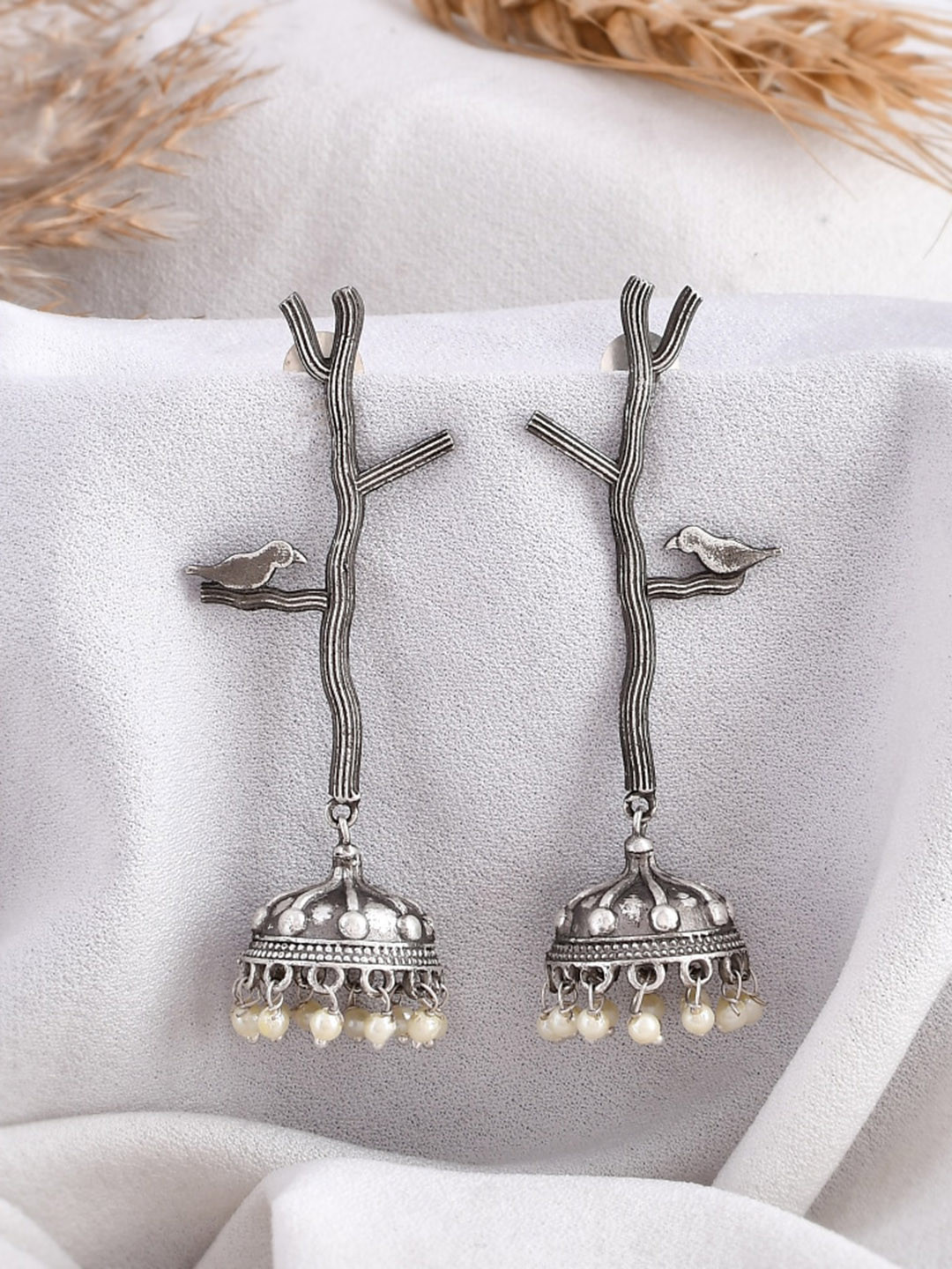 DASTOOR Silver-Plated Beaded Silver Diamond Shaped Oxidised Jhumkas