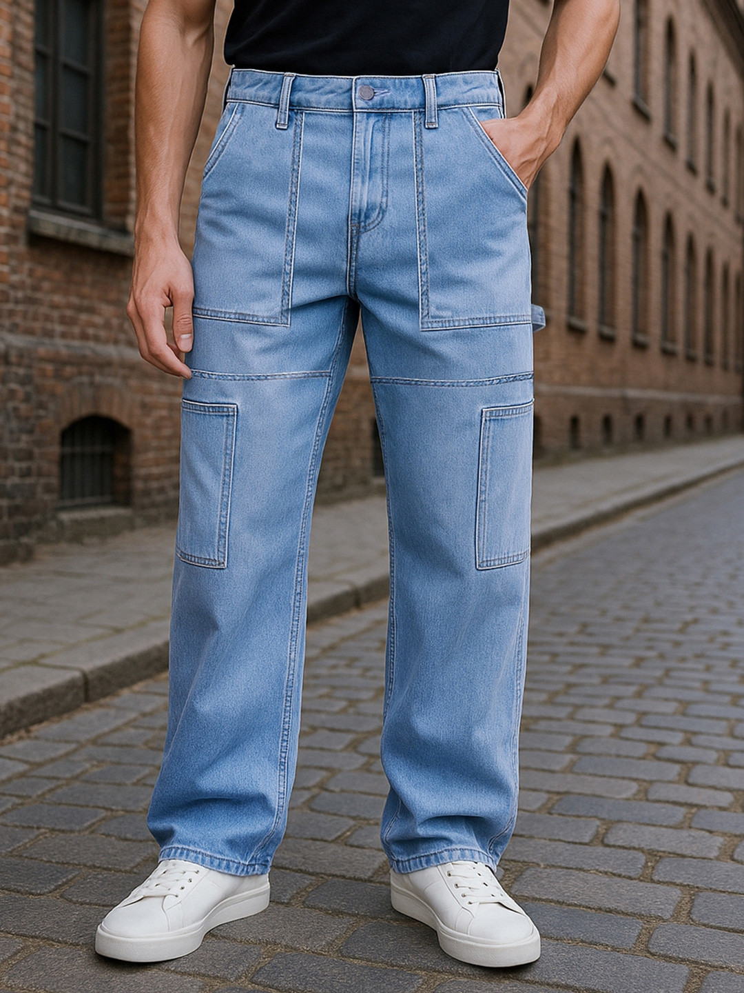 Bewakoof Men's Blue Baggy Cargo Carpenter Mid-Rise Jeans