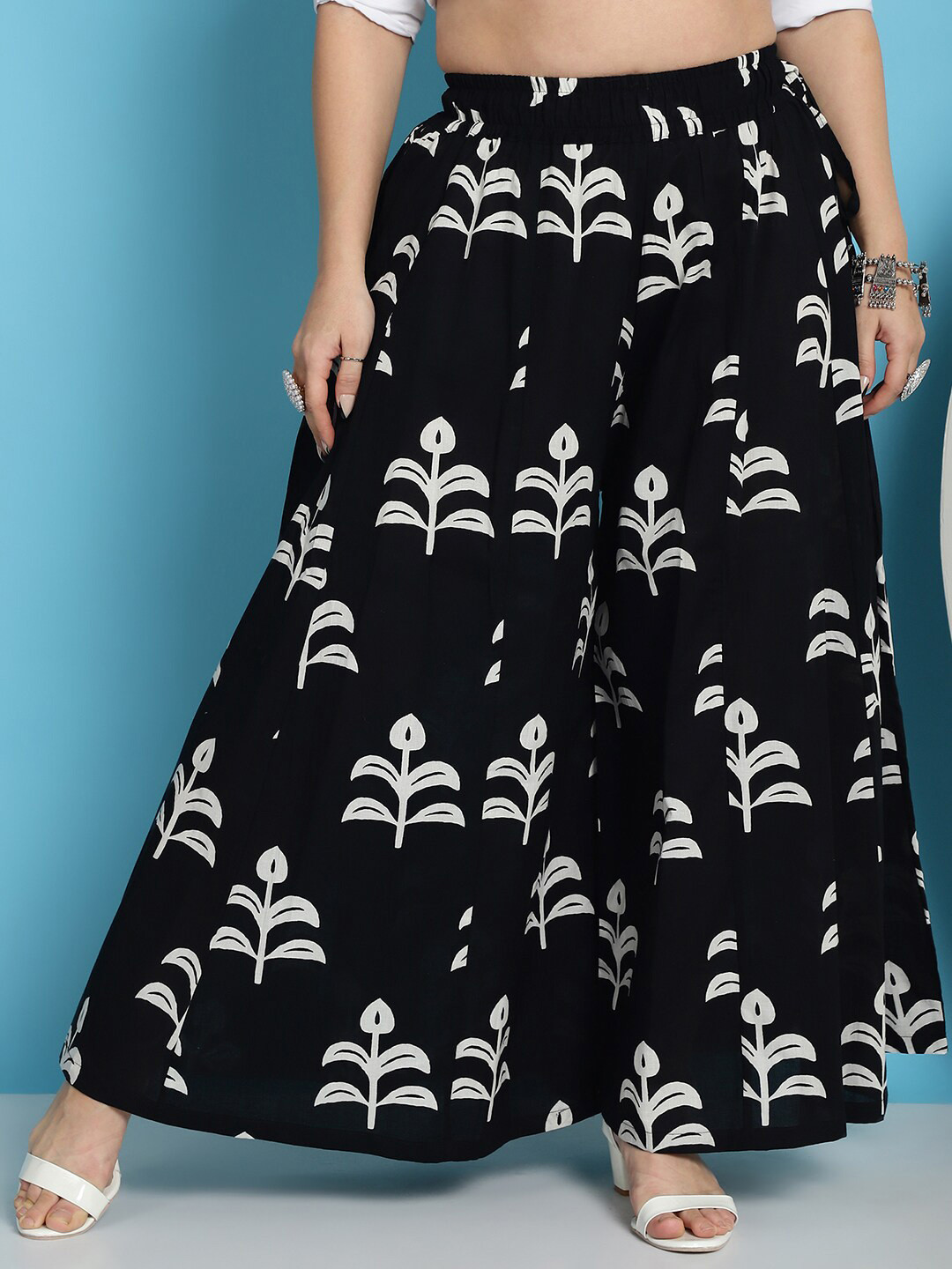 TAG 7 Floral Block Printed Flared Pure Cotton Ethnic Palazzos