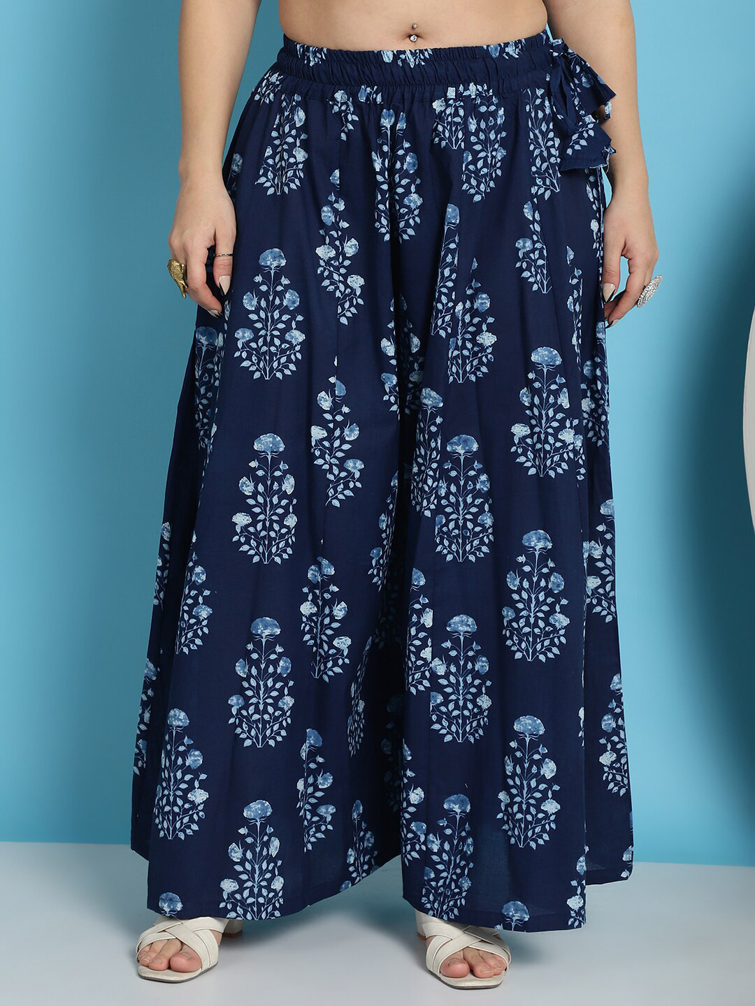 TAG 7 Plus Size Ethnic Motifs Block Printed Pure Cotton Flared Ethnic Palazzo