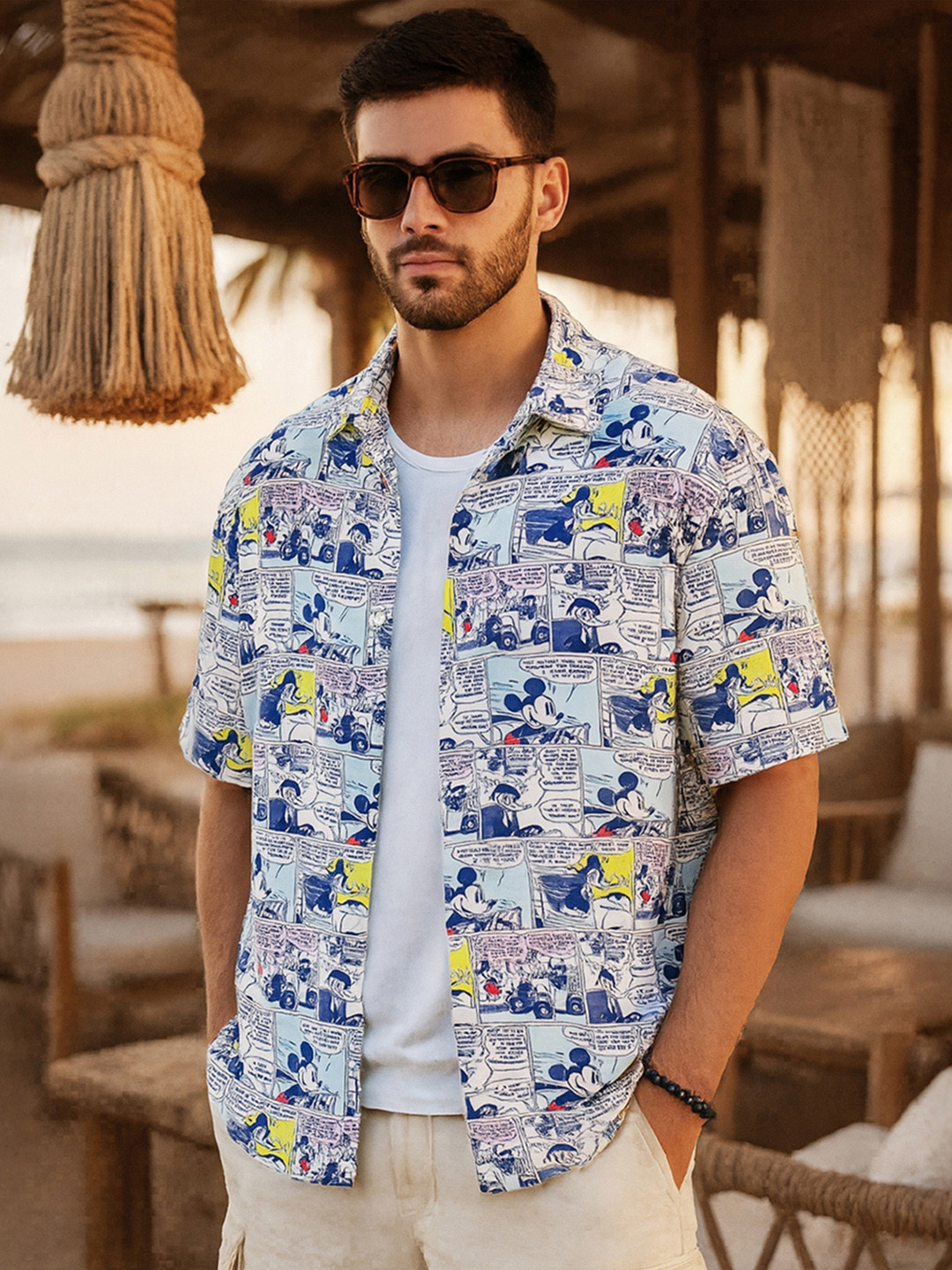 Bewakoof Mickey Mouse Graphic Printed Cuban Collar Oversized Shirt