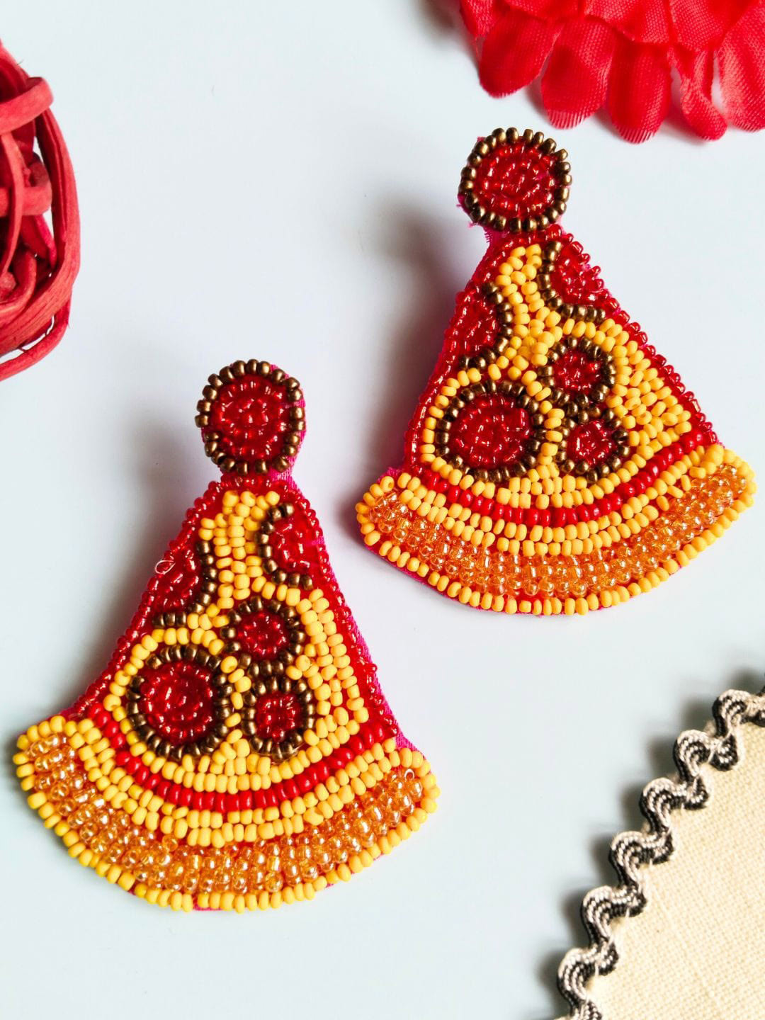 Sangria Beaded Quirky Pizza Funky Drop Earrings