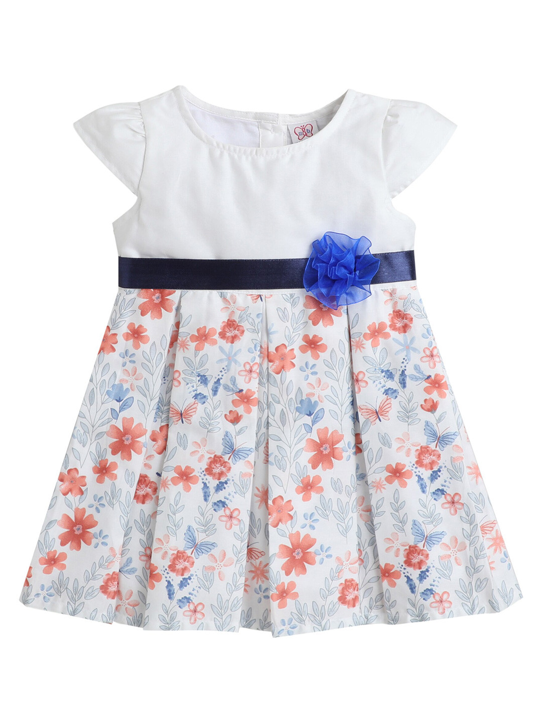 mama & bebe Girls Floral Printed Cap Sleeves Bow Detail Cotton Fit & Flare Dress