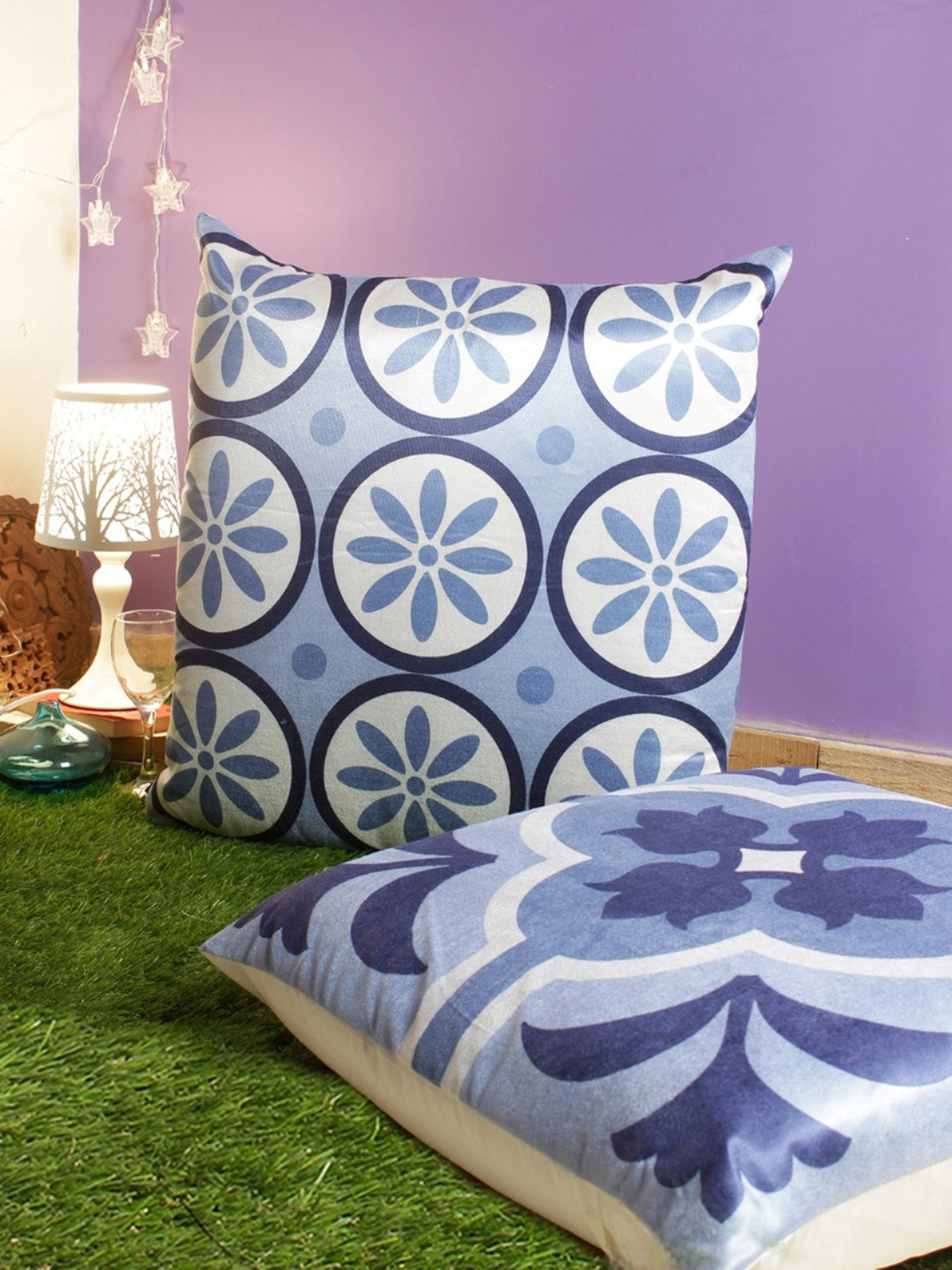 Aura Blue Floral Velvet Durable 2 Piece Square Cushion Covers -24x24In