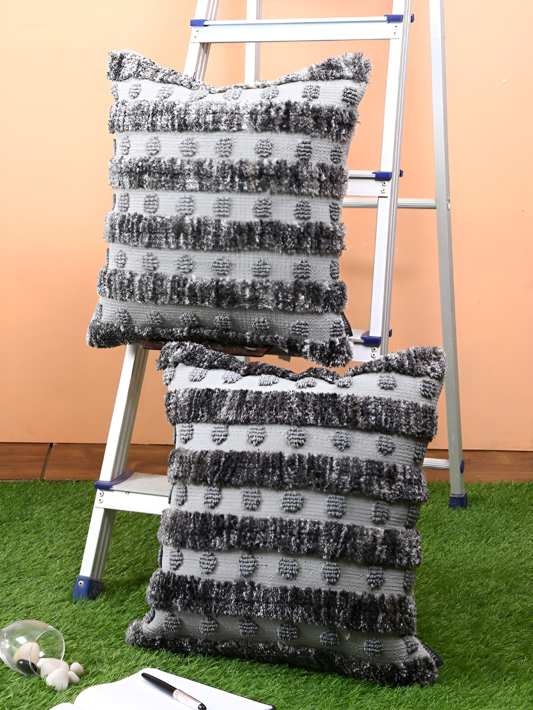 Aura Grey 2 Pcs Geometric Woollen Square Cushion Covers