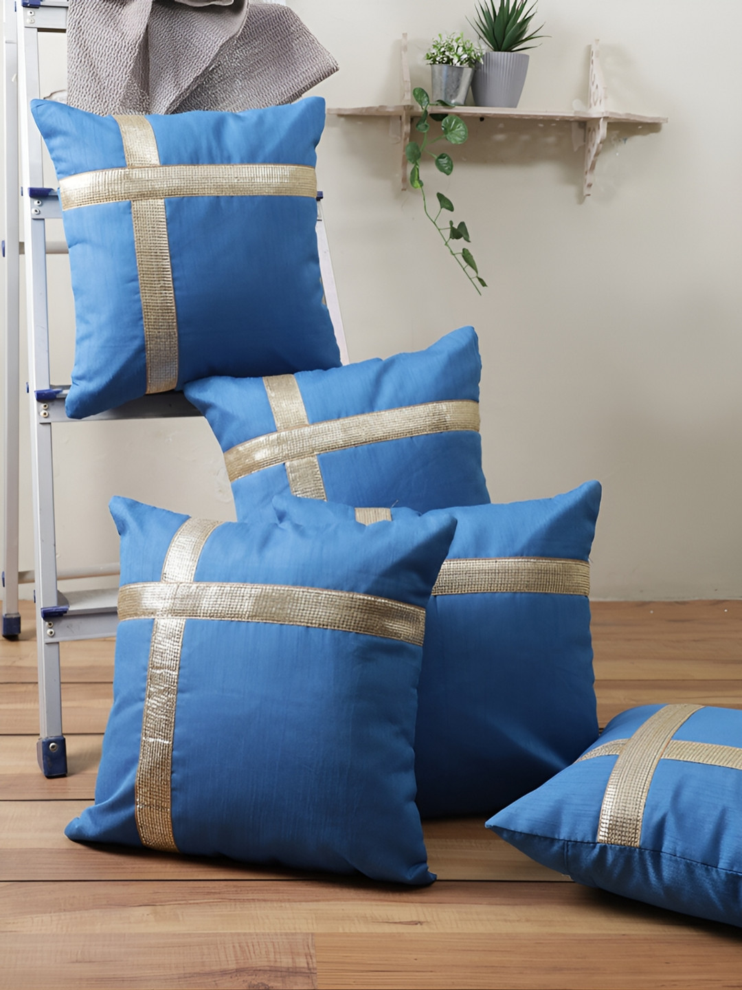 Aura Blue Geometric Polyester Silk Washable 5 Pcs Patchwork Square Cushion Covers -16x16In