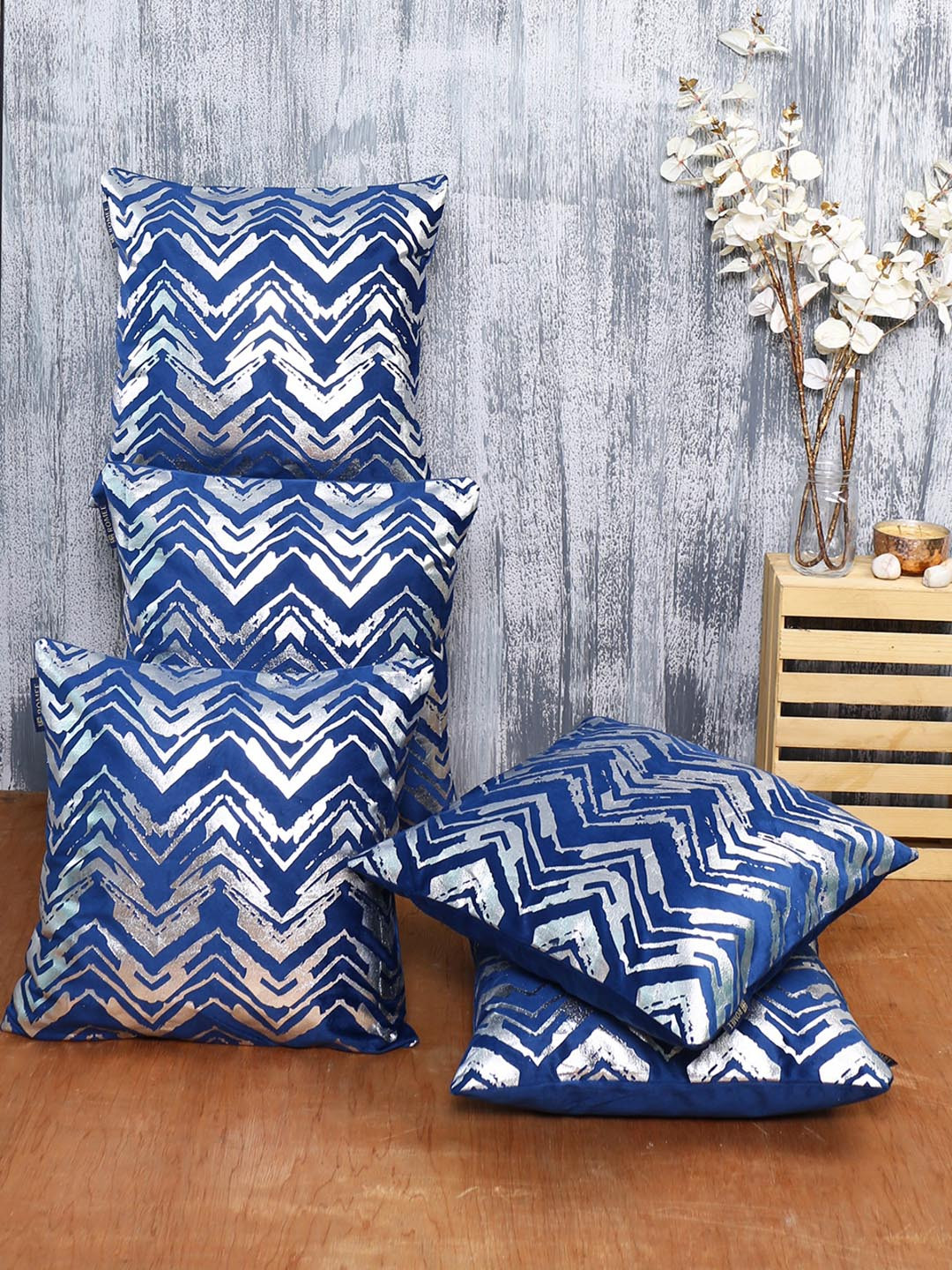 Aura Blue & Silver Toned 5 Pieces Geometric Printed Velvet Square Cushion Covers