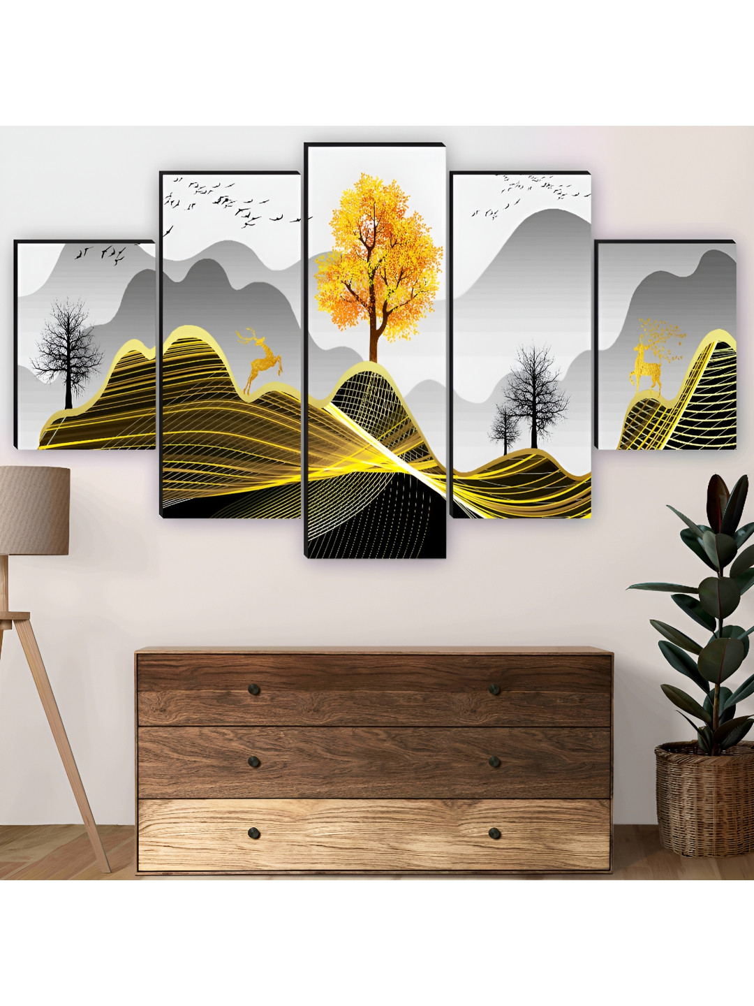 SAF Dancing Deer Wood 5 Piece Wall Rectangle Paintings Wall Art