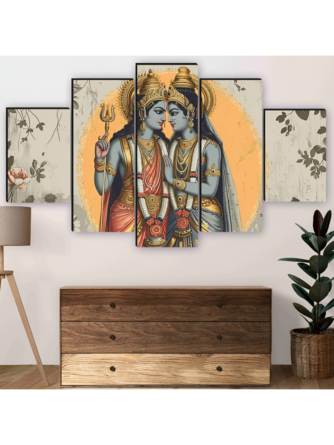 SAF Ram Janki Wood 5 Piece Wall Rectangle Paintings Wall Art