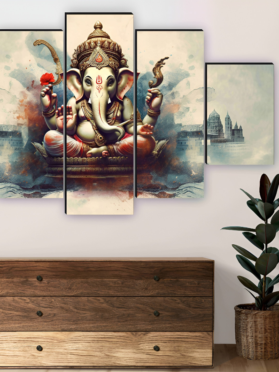SAF White & Blue 5 Pieces Wooden Ganesha Wall Arts