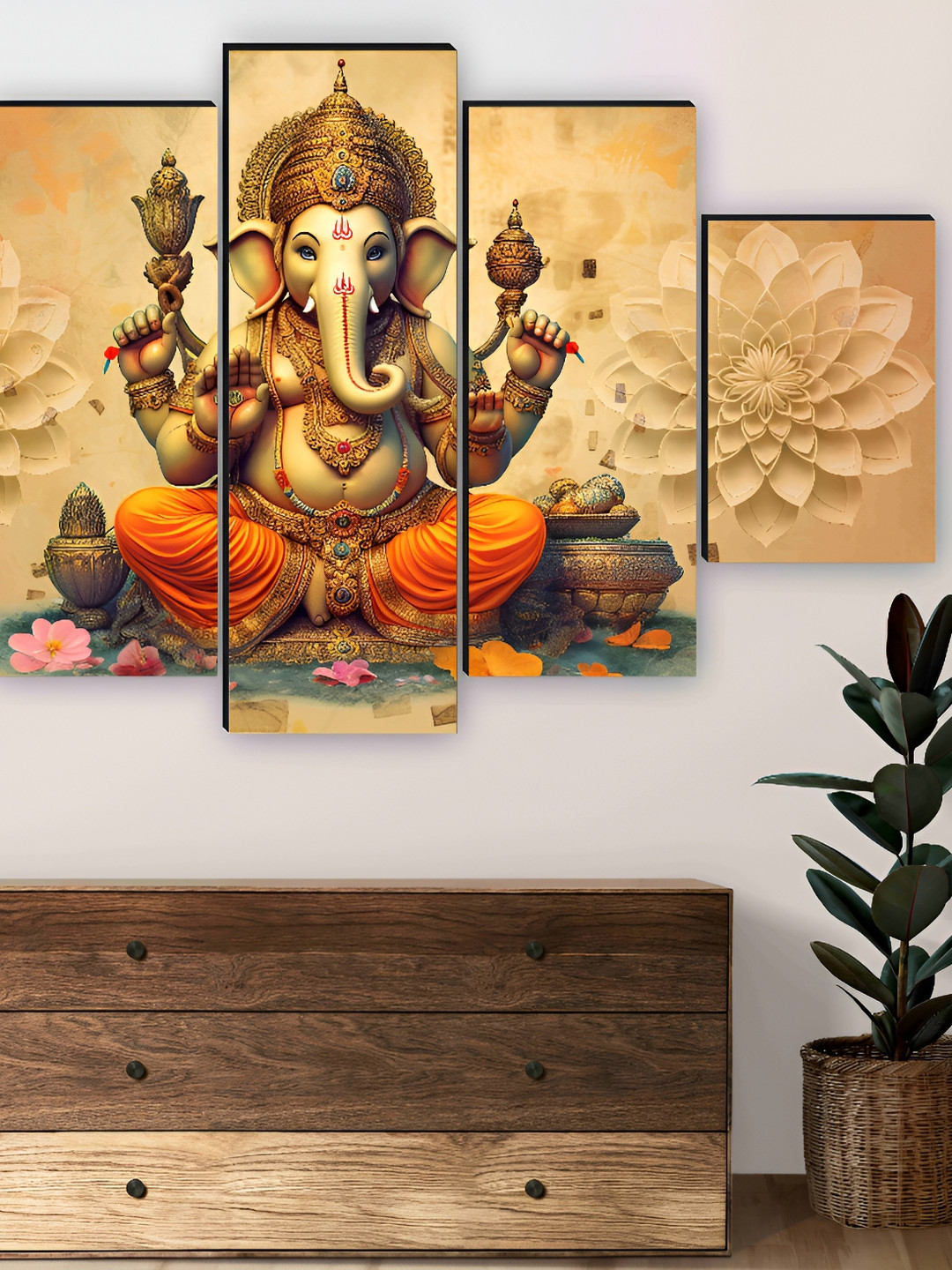 SAF Yellow & Orange 5 Pieces Wooden Ganesha Wall Arts