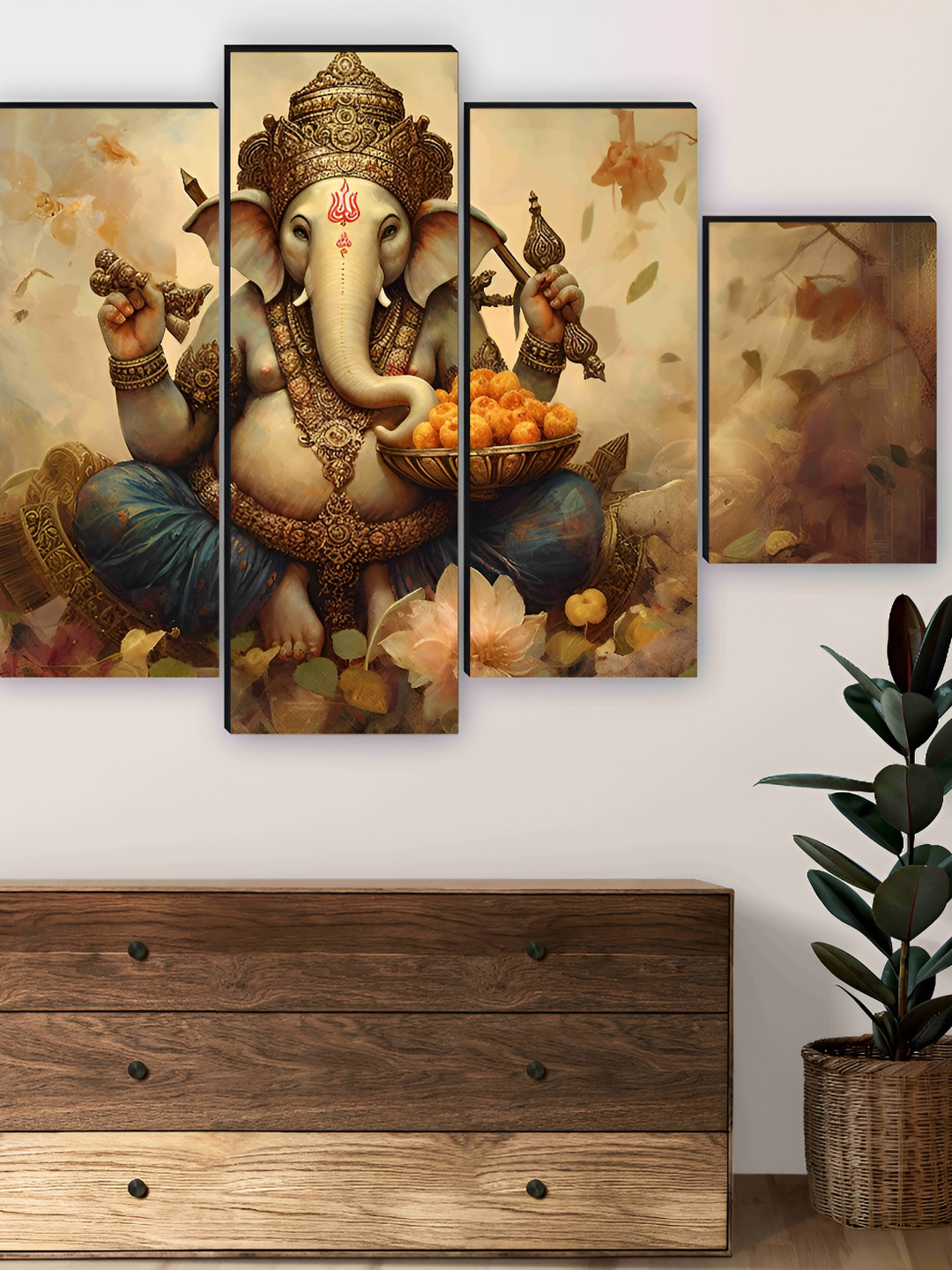 SAF Brown & Orange 5 Pieces Wooden Ganesha Wall Arts