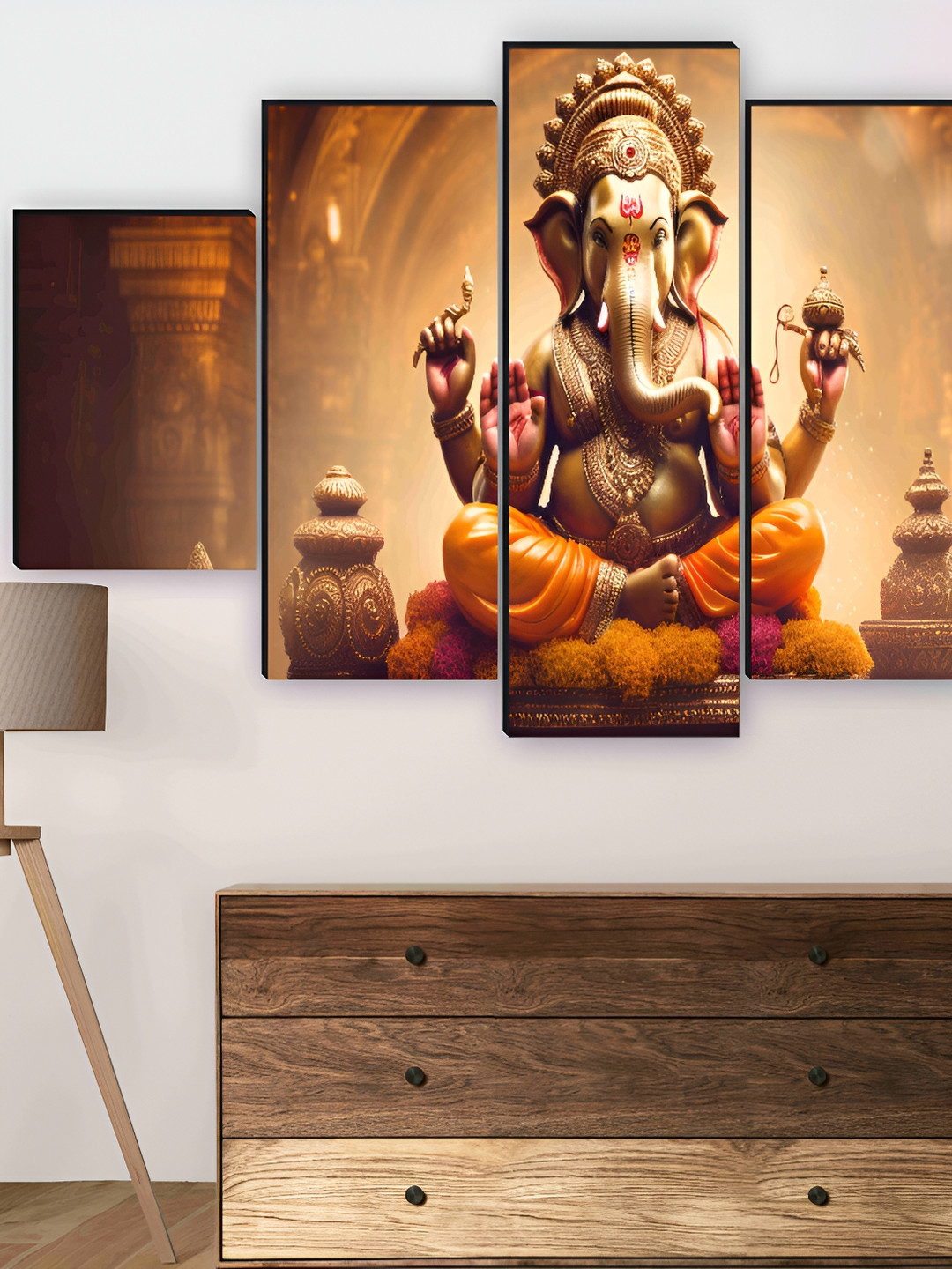 SAF Ganesha Wood 5 Pcs Wall Rectangle Paintings Wall Art