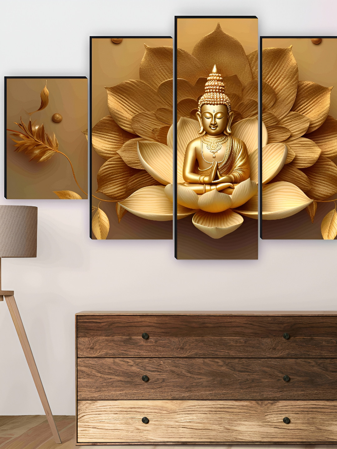 SAF Buddha Wood 5 Piece Wall Rectangle Paintings Wall Art