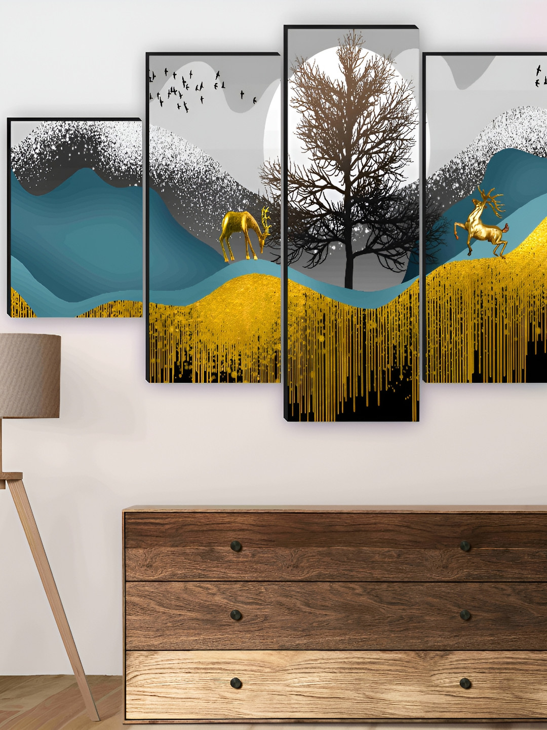SAF Dancing Deer Wood 4 Pcs Wall Rectangle Paintings Wall Art - 30 x 18In