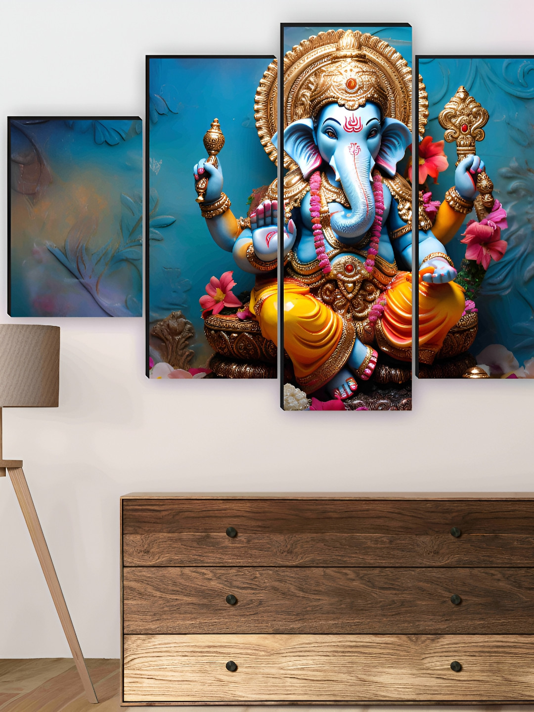SAF Blue & Yellow 5 Pieces Wooden Ganesha Wall Arts