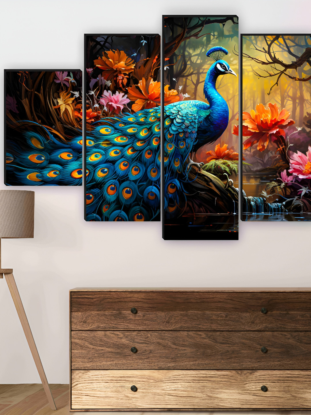 SAF Peacock Nature Scenery Wood 4 Pcs Wall Rectangle Paintings Wall Art