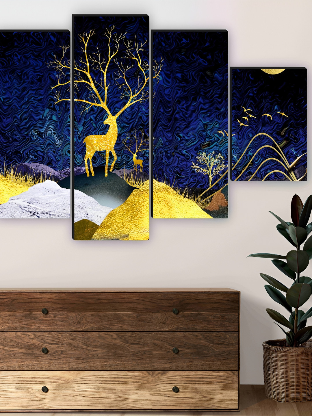 SAF Dancing Deer Wood 5 Piece Wall Rectangle Paintings Wall Art
