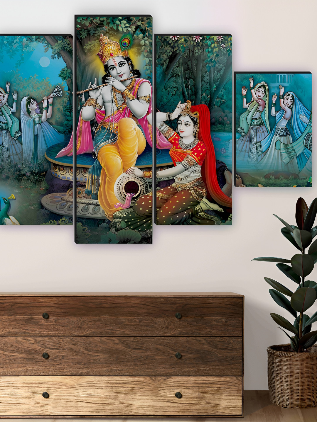 SAF Blue & Yellow 5 Pieces Wooden Radha krishna Wall Arts